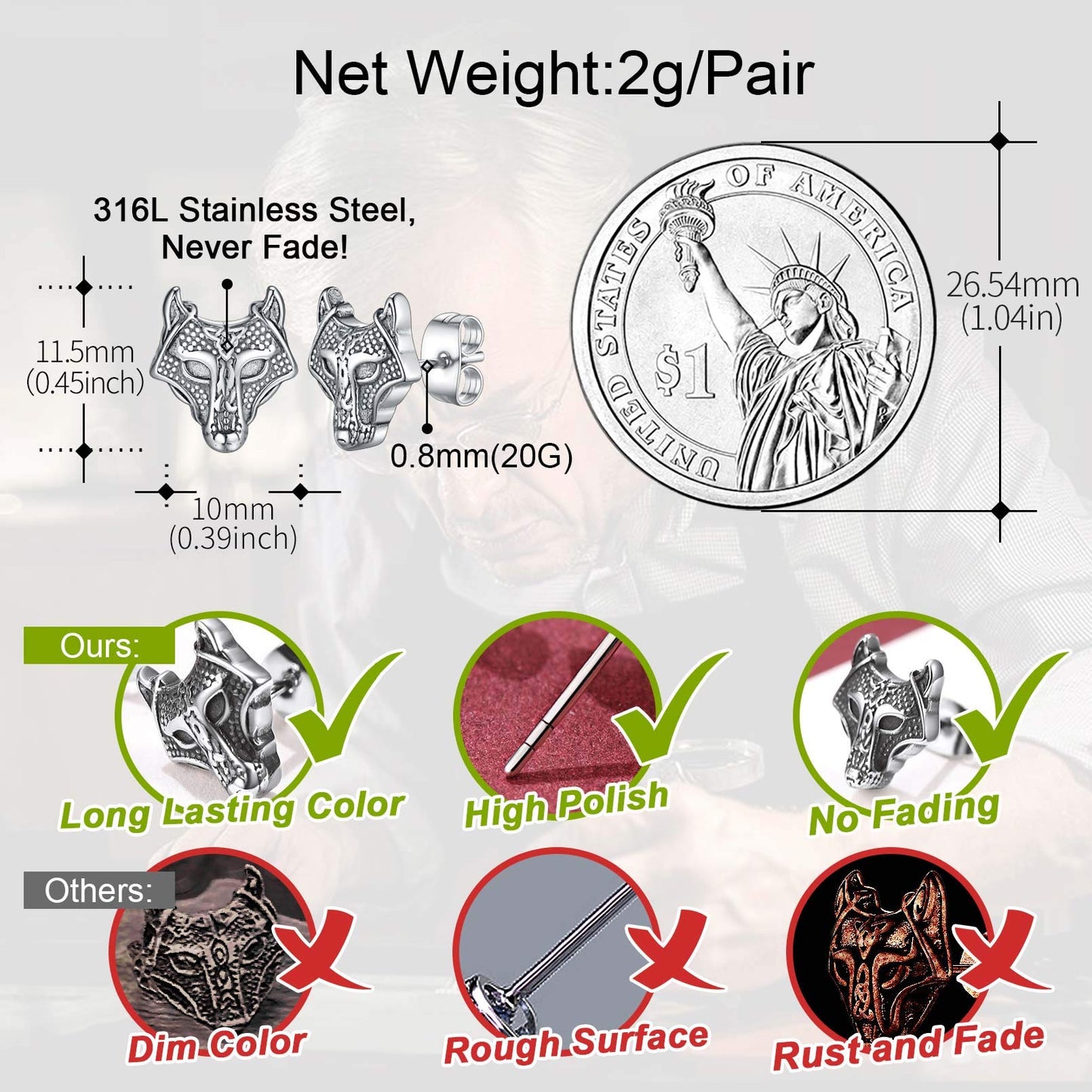 FaithHeart Norse Viking Jewelry Sterling Silver/Stainless Steel Stud Earrings Celtic Wolf/Thors Hammer Studs for Women Men