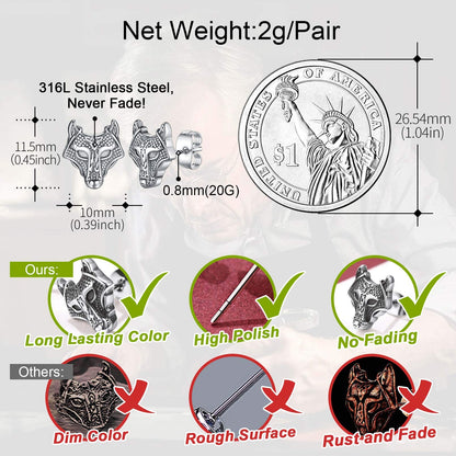 FaithHeart Norse Viking Jewelry Sterling Silver/Stainless Steel Stud Earrings Celtic Wolf/Thors Hammer Studs for Women Men