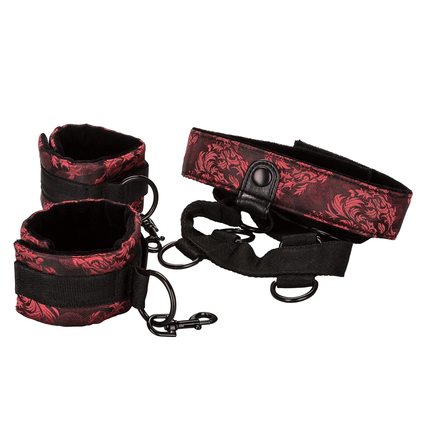 CalExotics Scandal Collar Body Restraint – Luxury Bondage Collar and Handcuff Set – BDSM Toys for Couples – Black & Red