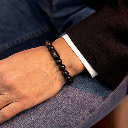 Initials Bracelets for Men Letter Link Handmade Natural Black Onyx Tiger Eye Stone Beads Braided Rope Meaningful Bracelet
