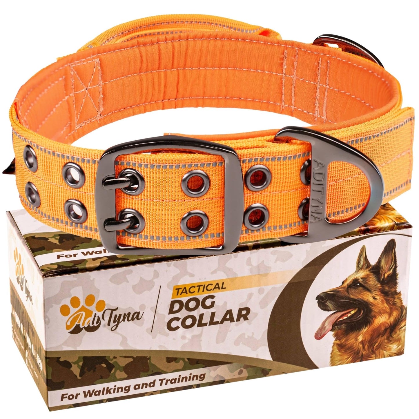 ADITYNA - Heavy Duty Dog Collar with Handle - Thick Dog Collar for Large Dogs - Wide, Reflective, Tactical, Soft Neoprene Padded - Perfect Dog Collar for Training and Walking