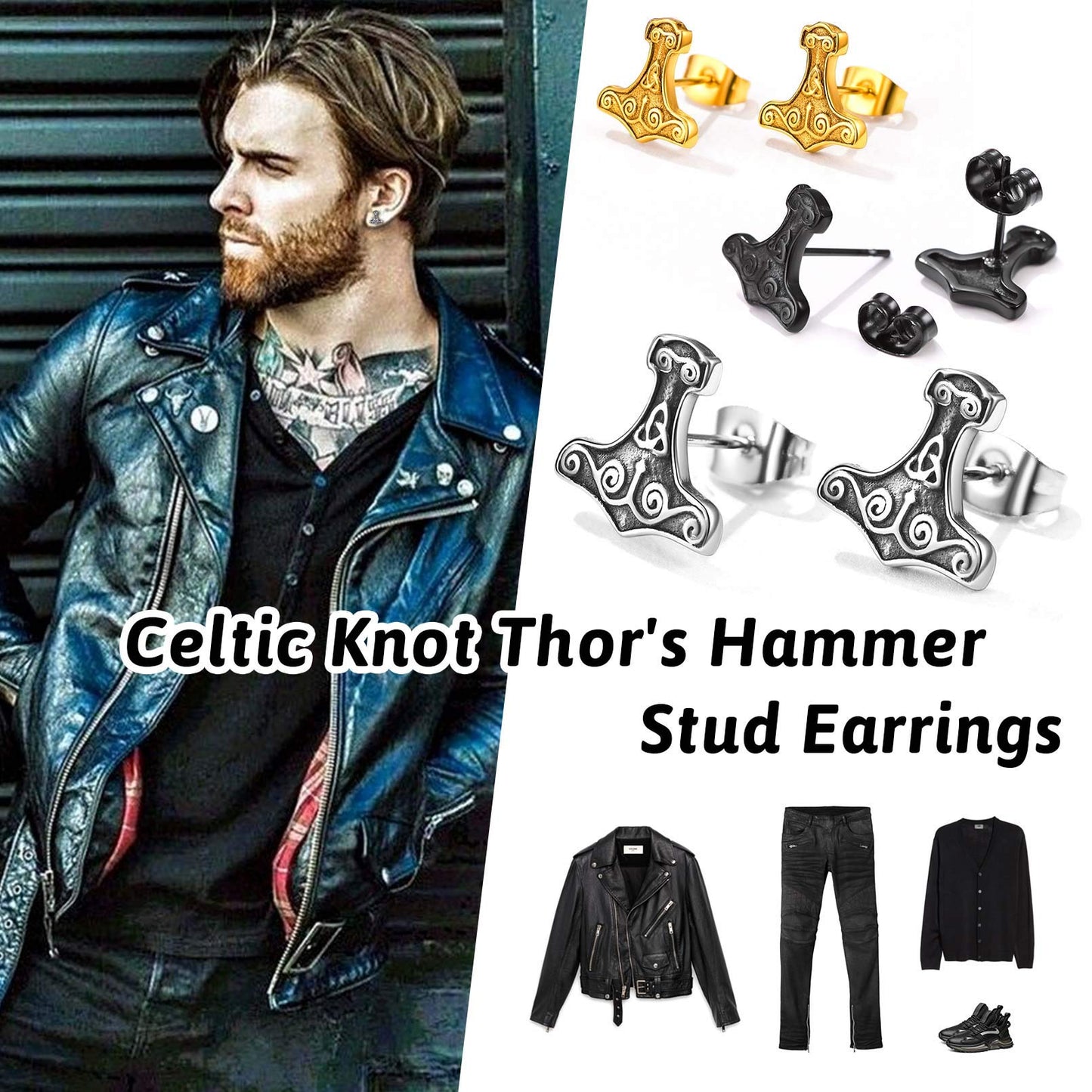 FaithHeart Norse Viking Jewelry Sterling Silver/Stainless Steel Stud Earrings Celtic Wolf/Thors Hammer Studs for Women Men