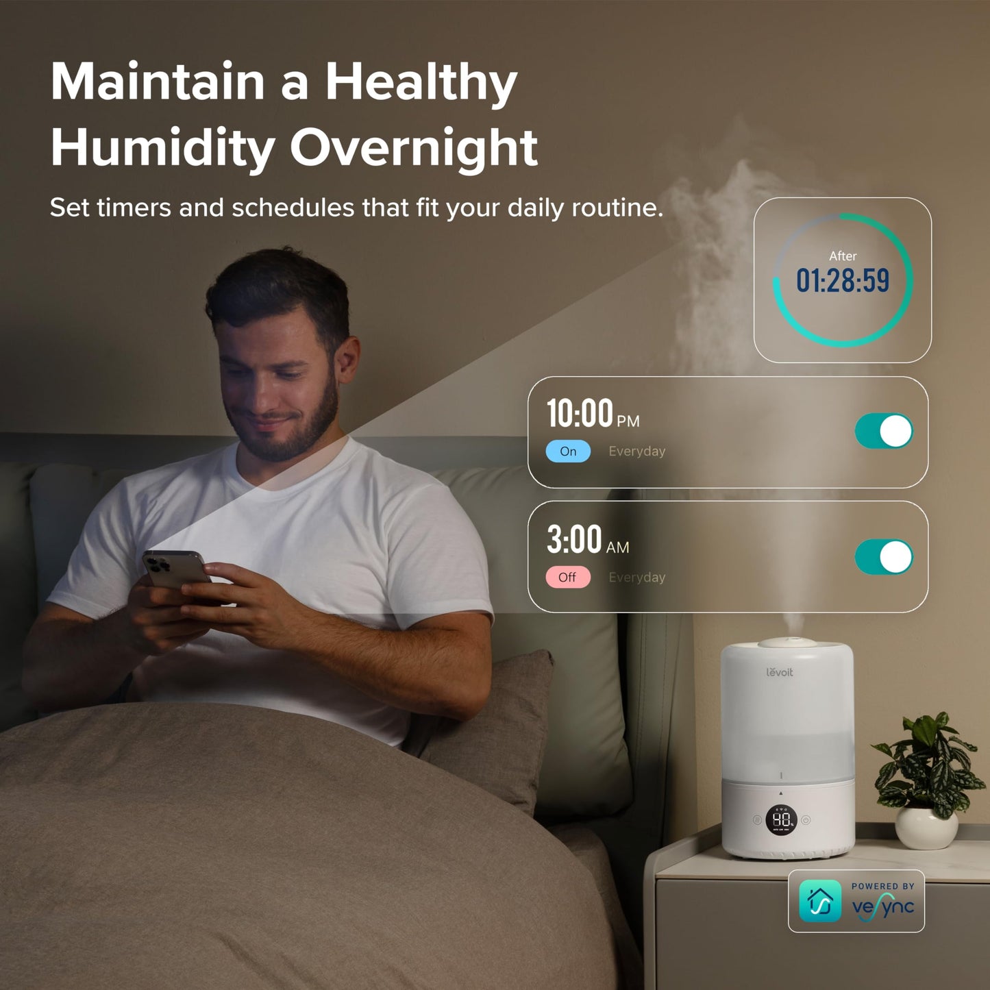LEVOIT Humidifiers for Bedroom, Quiet (3L Water Tank) Cool Mist Top Fill Essential Oil Diffuser with 25Watt for Home Large Room, 360° Nozzle, Rapid Ultrasonic Humidification for Baby Nursery and Plant