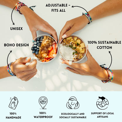 Surfer Beach Bracelet Set Men & Women - Braided Boho Summer Bracelets - Handmade Festival Jewelry - 100% Waterproof & Adjustable - Friendship Gift - Ethnic Hippie Style (Black & White)
