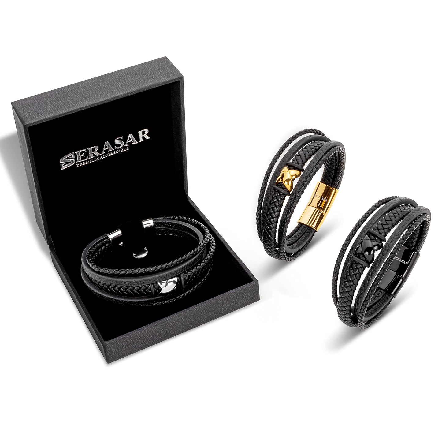 SERASAR Premium Leather Bracelet Men | Stainless Steel Magnetic Clasp | Three Colors | Jewelry Box Included