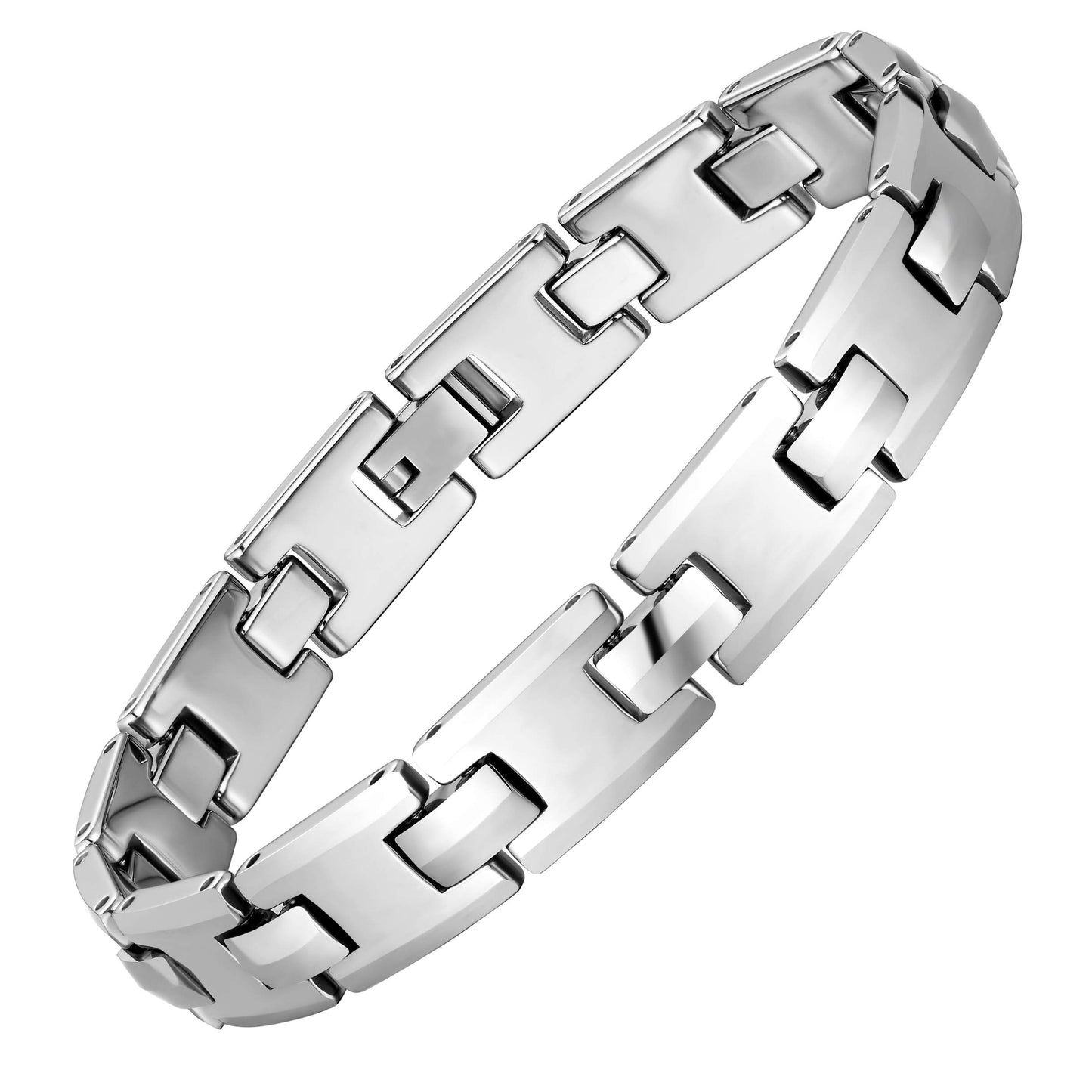 URBAN JEWELRY Stunning Solid Tungsten Link Bracelet for Men Polished Link, Puzzle, Ceramic Style (Silver, Black, 18K Gold Plated Option)