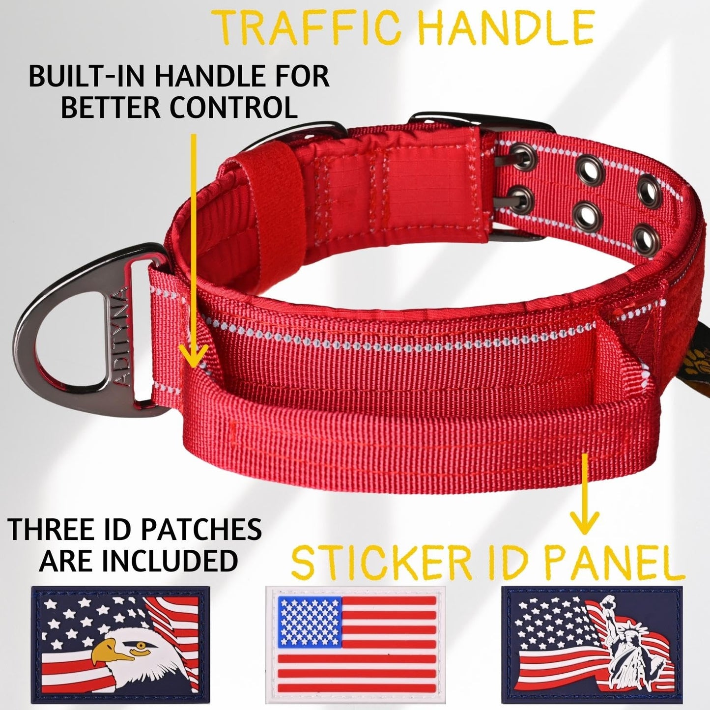 ADITYNA - Heavy Duty Dog Collar with Handle - Thick Dog Collar for Large Dogs - Wide, Reflective, Tactical, Soft Neoprene Padded - Perfect Dog Collar for Training and Walking