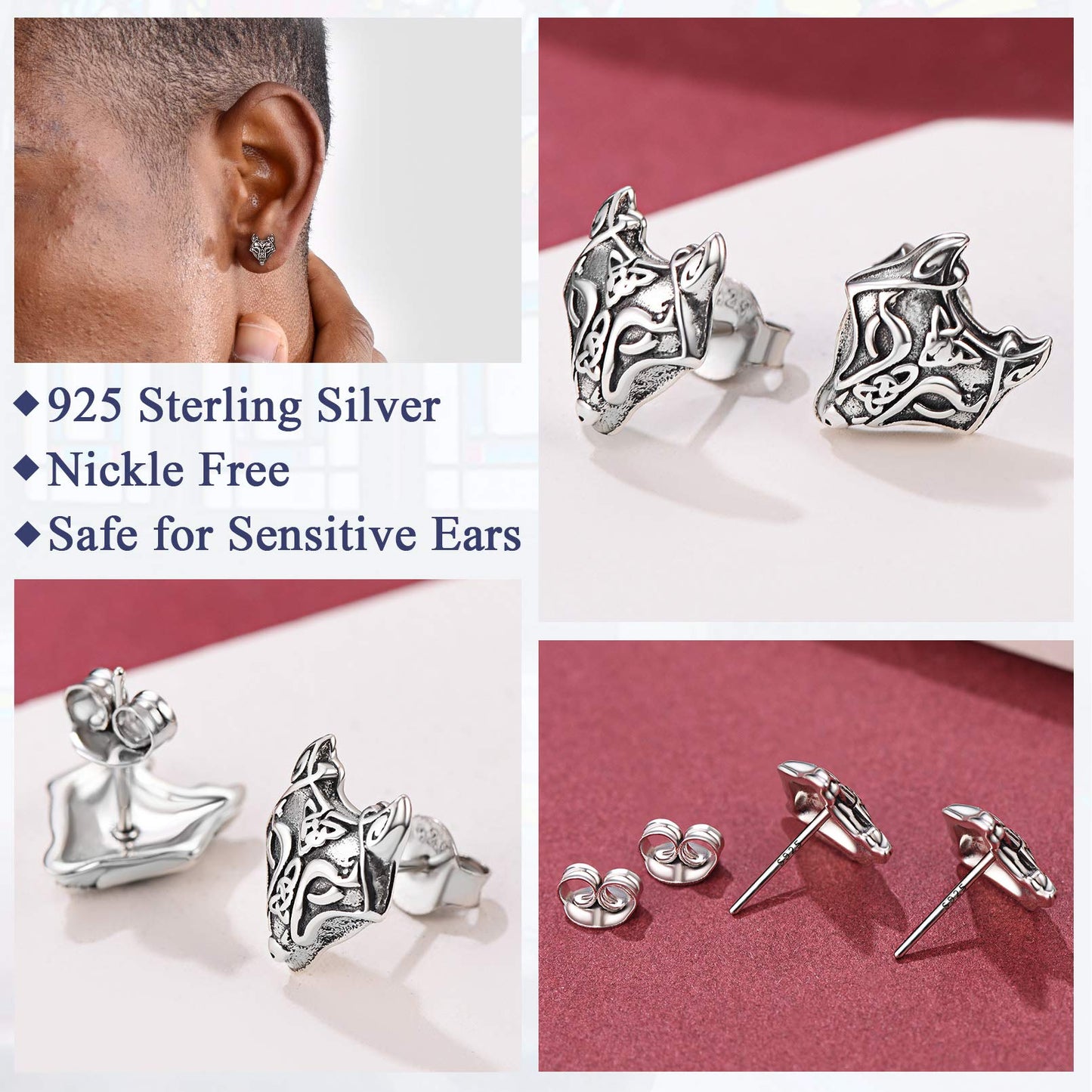 FaithHeart Norse Viking Jewelry Sterling Silver/Stainless Steel Stud Earrings Celtic Wolf/Thors Hammer Studs for Women Men