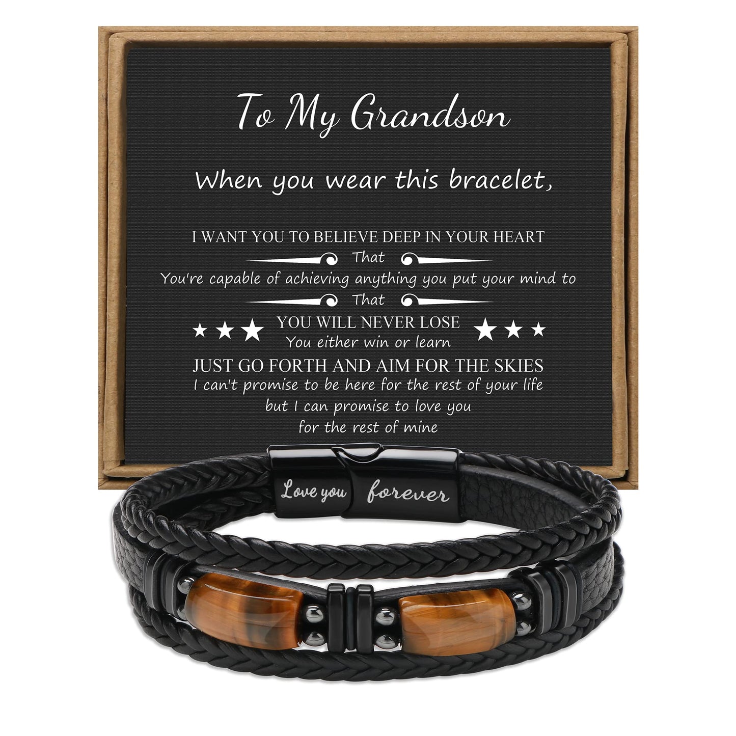 𝗚𝗶𝗳𝘁𝘀 𝗳𝗼𝗿 𝗠𝗲𝗻 𝗟𝗲𝗮𝘁𝗵𝗲𝗿 𝗕𝗿𝗮𝗰𝗲𝗹𝗲𝘁 With Tigers Eye, Father's Day Christmas Anniversary Birthday Gifts for Son Husband Grandson Boyfriend Brother Dad Love You Forever Bracelets for Men