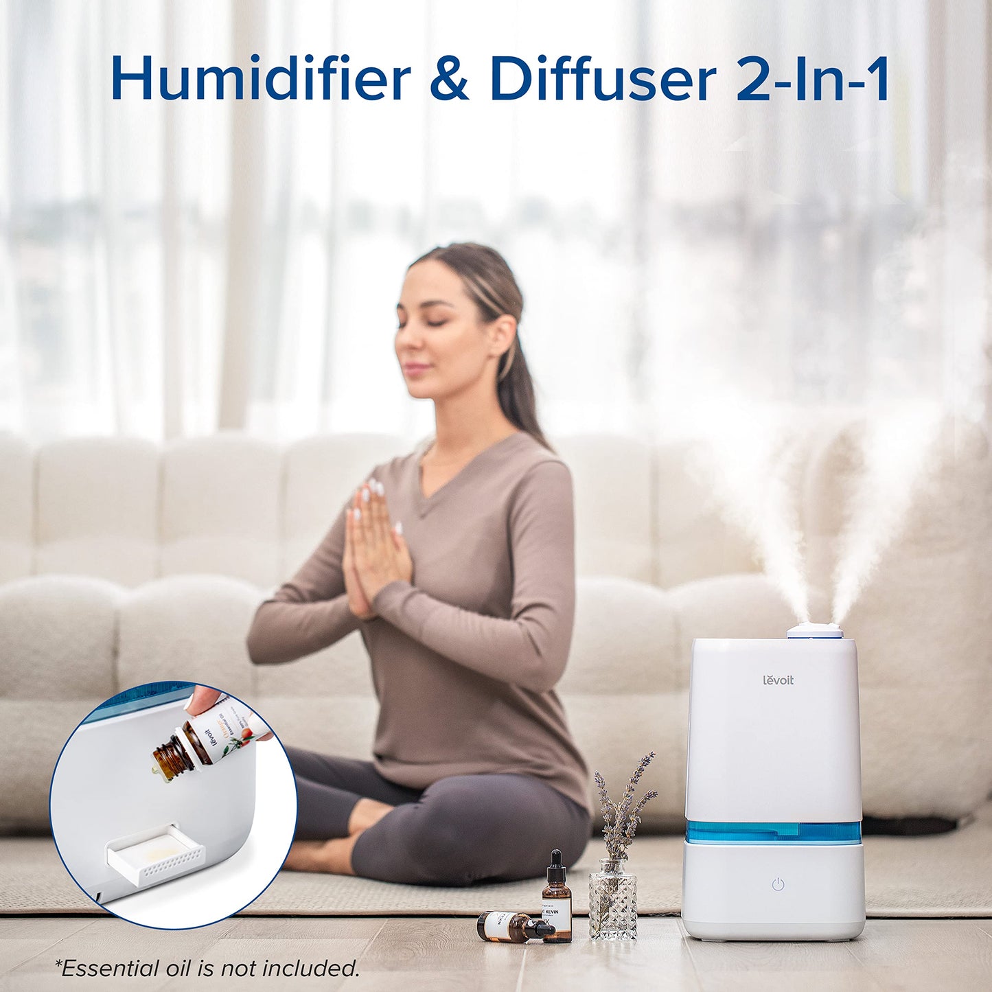 LEVOIT Humidifiers for Bedroom, Quiet (3L Water Tank) Cool Mist Top Fill Essential Oil Diffuser with 25Watt for Home Large Room, 360° Nozzle, Rapid Ultrasonic Humidification for Baby Nursery and Plant