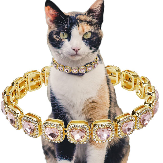 Cat Collar Puppy Zircon Pink/Blue Sugar 13mm Chain Handmade Diamond Iced Heart Pearl Cute Rock Candy Pet Jewelry Necklace Pet Gift