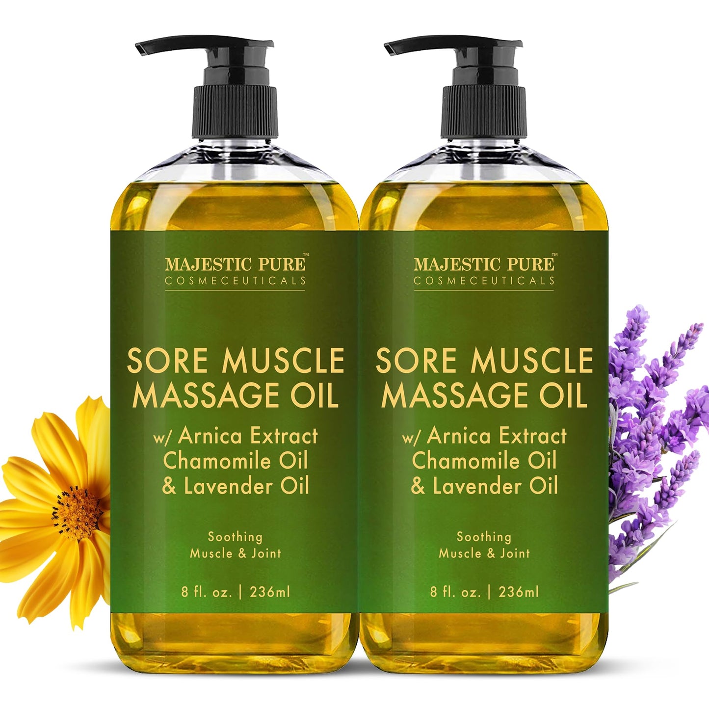 MAJESTIC PURE Arnica Sore Muscle Massage Oil for Massage Therapy - Natural Oil with Lavender and Chamomile Essential Oils - Multipurpose Instant Absorption Full Body Massage Oil - 8 fl. oz.