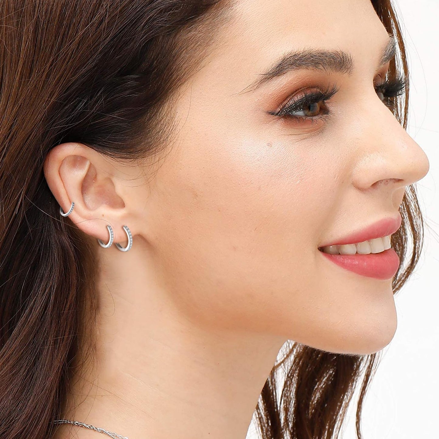 925 Sterling Silver Small Hoop Earrings Cubic Zirconia Huggie Hoop Earrings, 3 Pairs 14K White Gold Plated Cartilage Piercing Earrings Ear Cuff Tiny Hoop Earrings for Women Men