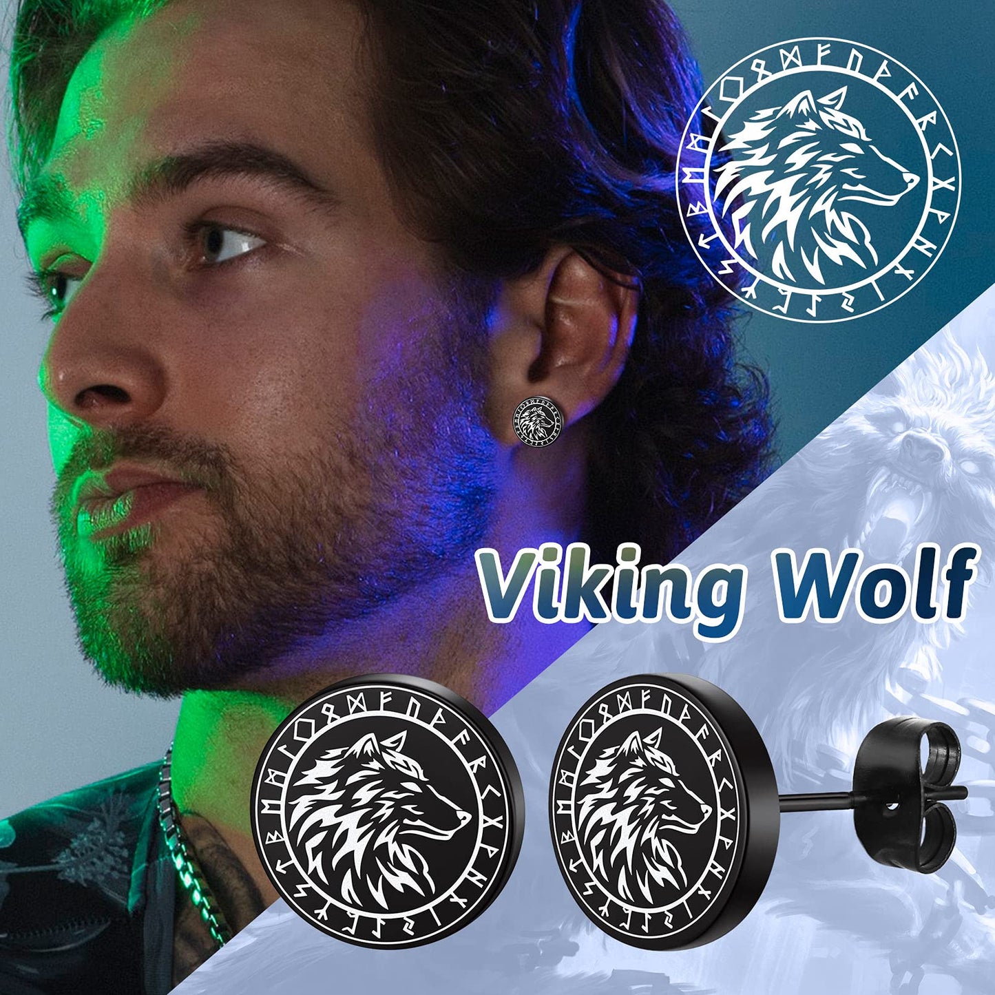 FaithHeart Cool Earrings Set Viking Runes Stuff/Eye of Horus/Cross Black Studs/Hoops Earrings for Men Women with Delicate Packaging