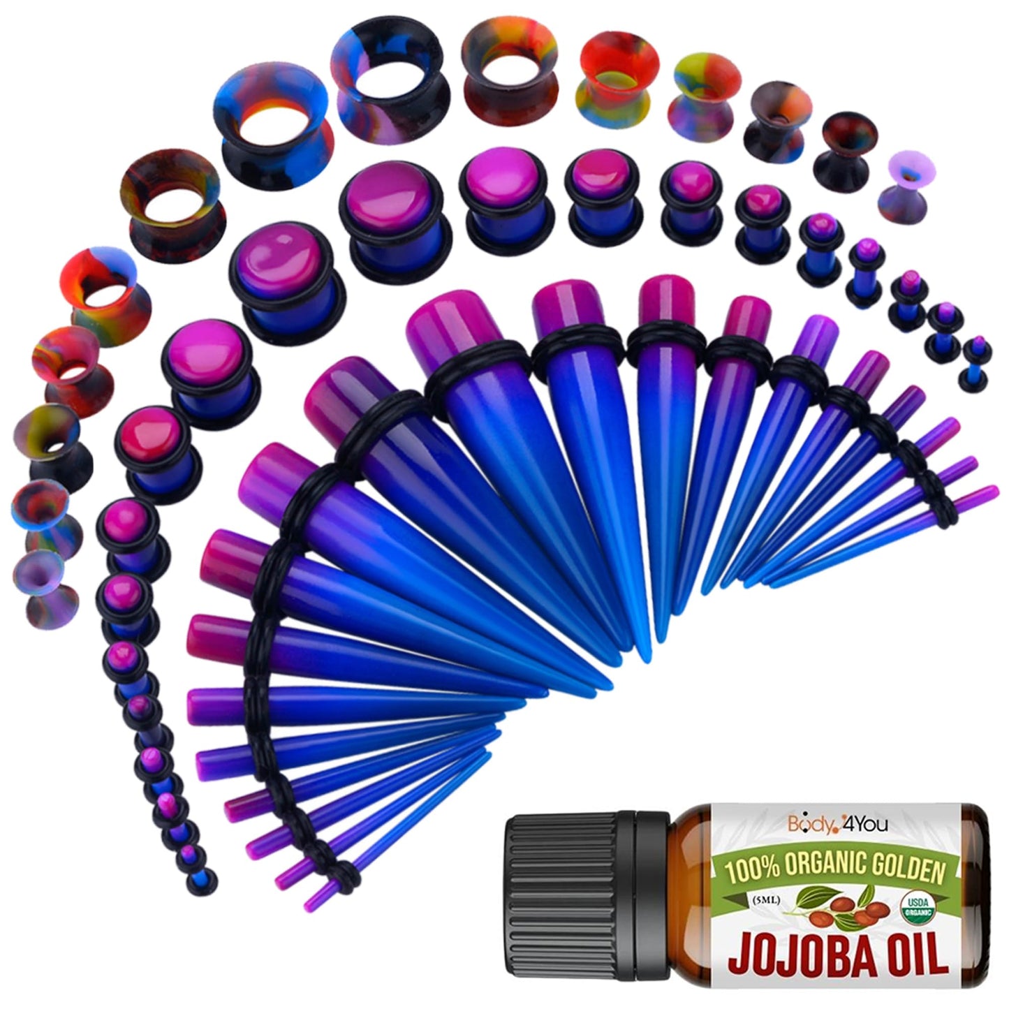 BodyJ4You 54PC Ear Stretching Kit 14G-12mm - Aftercare Jojoba Oil - Acrylic Plugs Gauge Tapers Silicone Tunnels - Lightweight Expanders Men Women