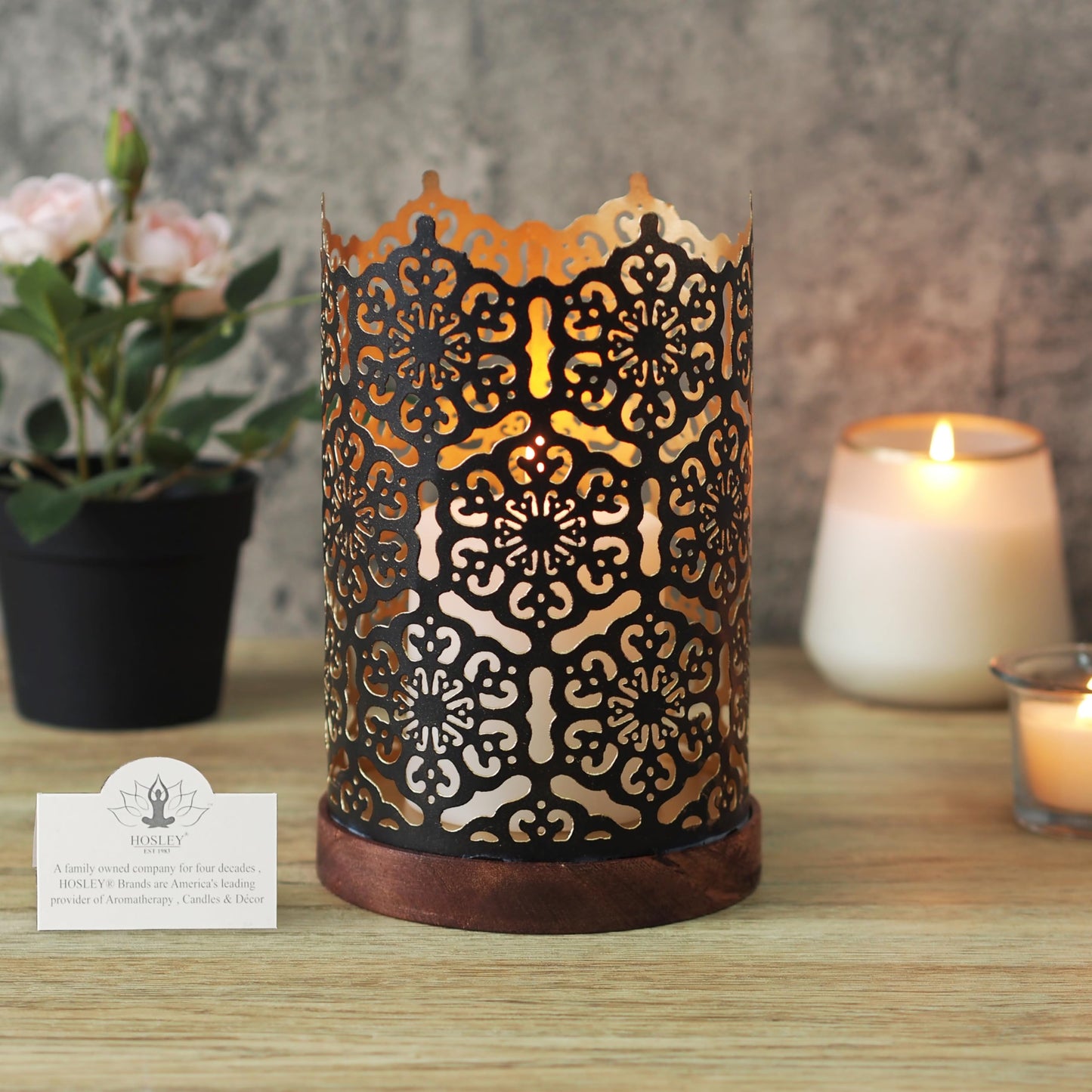 Hosley 4.5" High Black (Gold Inside) Metal Jar Holder Candle Sleeve. Candle Holder, Votive, Tea Light Lanterns Use with Tealights. Ideal Gift for Weddings, Parties, Spa and Aromatherapy O6