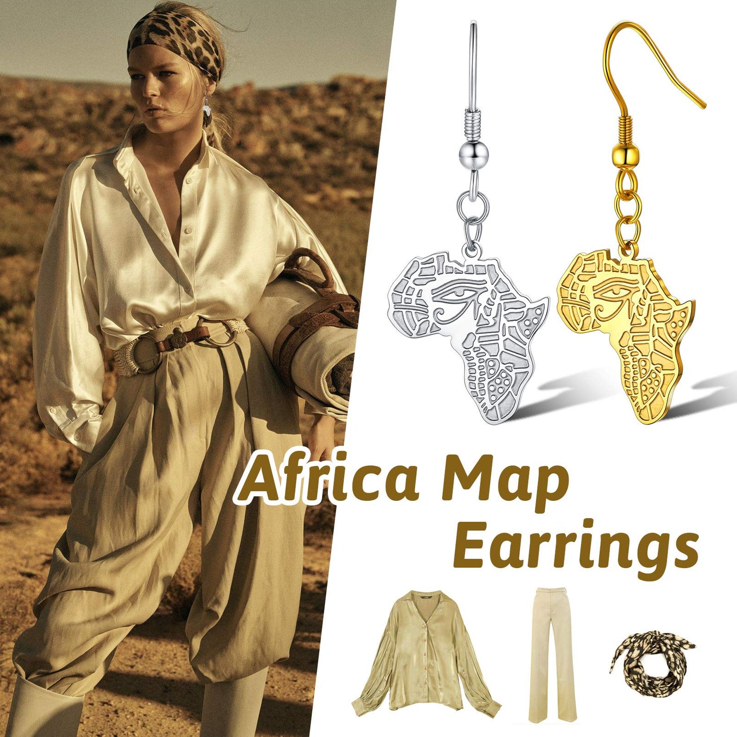 FaithHeart African Map Shaped Drop Earrings Stainless Steel/18K Gold Plated Statement Africa Jewelry Ear Charms for Women Teen Girls