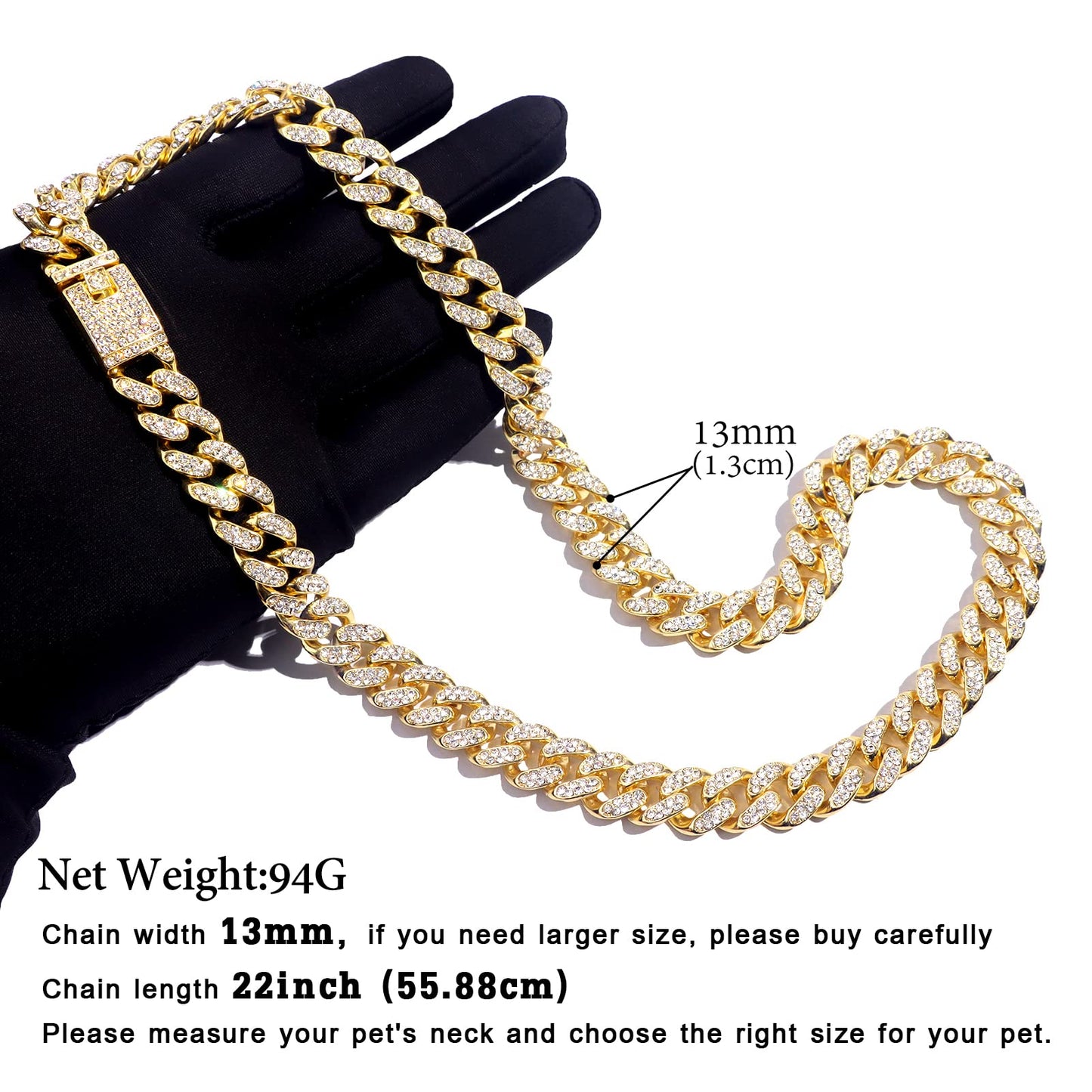 Cuban Link Dog Collar Gold Silver Color Metal Chain Diamond Pet Collars for Dogs Cats Jewelry 8/10/14/16/18/20/24/28 Inch (16inch, Gold)