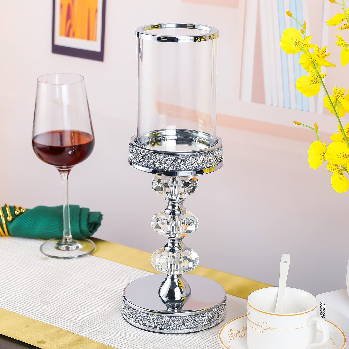 Candle Holder for Pillar Candle, Pillar Candle Holders for Wedding, Coffee Dining Table, Christmas, Table Centerpieces, Home Décor ZXC048D (1 Crystal Ball)