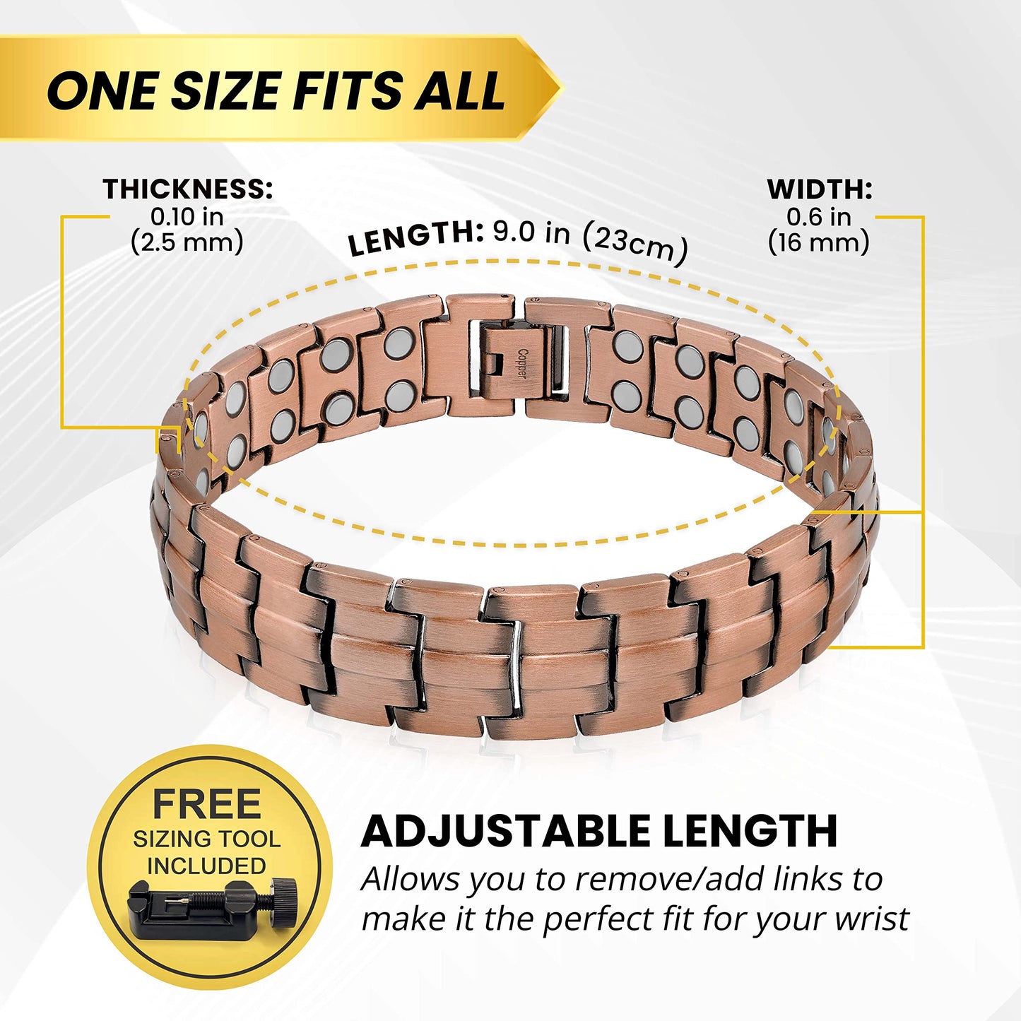 MagnetRX® Pure Copper Bracelet for Men – Effective Ultra Strength Magnetic Copper Bracelets – Adjustable Bracelet Length with Included Sizing Tool (Leo Style)