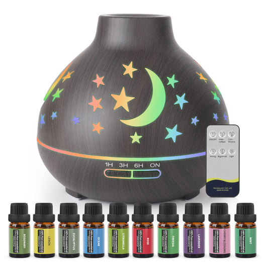 550ml Aromatherapy Diffuser-QZZIZ Essential Oil Diffuser with 10 Options Essential Oils Set,Aroma Cool Mist Humidifier for Worry-Free Sleep,Odor,Office,Home,Desktop,Portable (Dark Brown Star)
