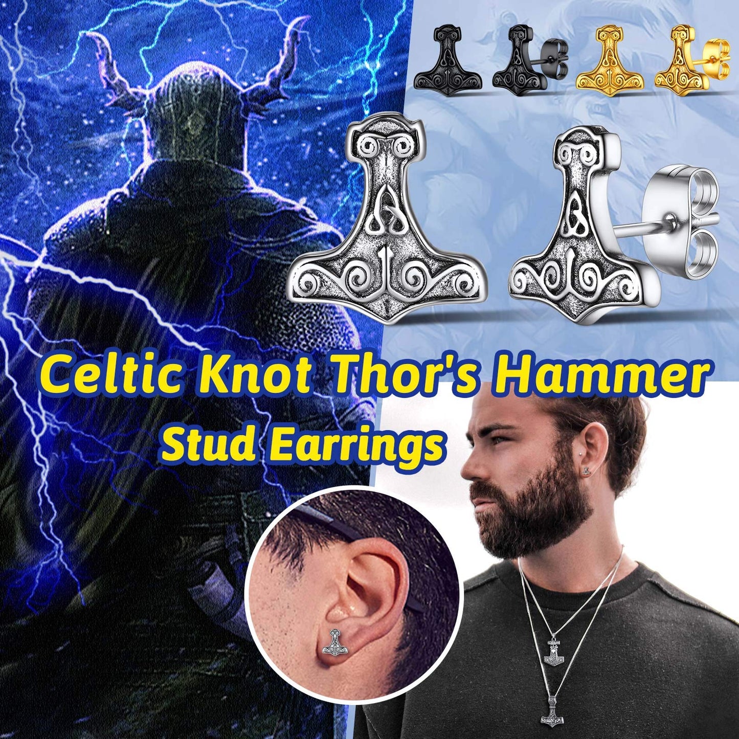 FaithHeart Norse Viking Jewelry Sterling Silver/Stainless Steel Stud Earrings Celtic Wolf/Thors Hammer Studs for Women Men