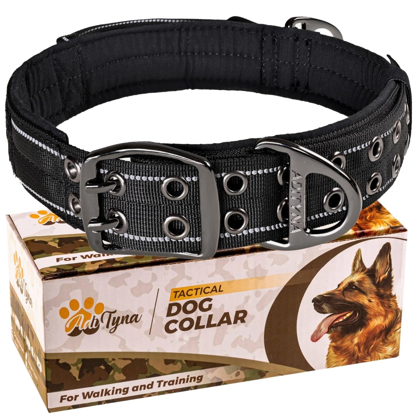 ADITYNA - Heavy Duty Dog Collar with Handle - Thick Dog Collar for Large Dogs - Wide, Reflective, Tactical, Soft Neoprene Padded - Perfect Dog Collar for Training and Walking