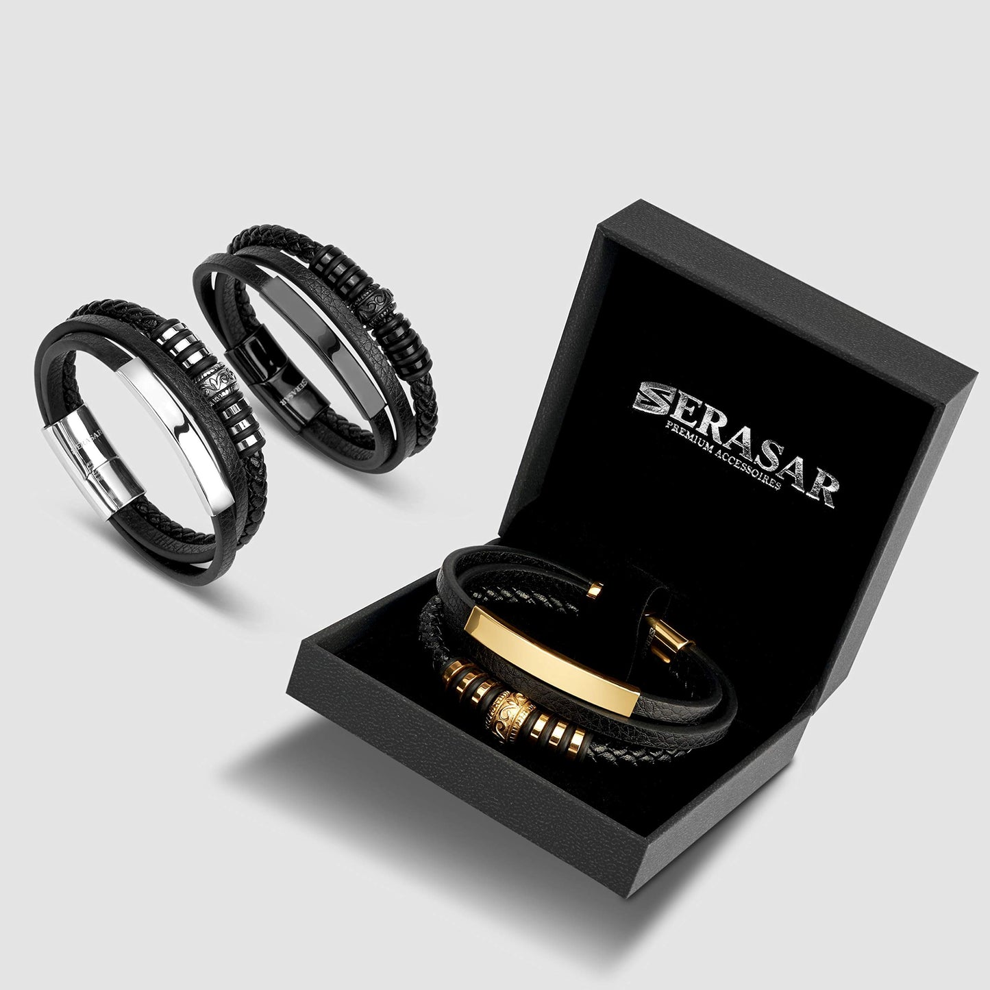 SERASAR Premium Leather Bracelet Men | Stainless Steel Magnetic Clasp | Three Colors | Jewelry Box Included