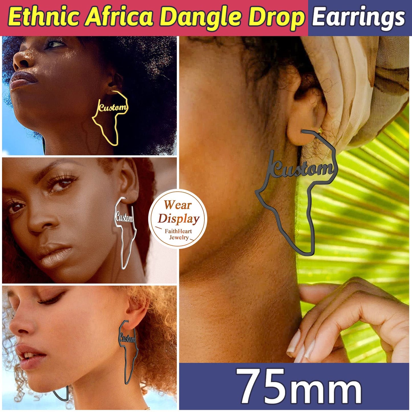 FaithHeart African Map Shaped Drop Earrings Stainless Steel/18K Gold Plated Statement Africa Jewelry Ear Charms for Women Teen Girls