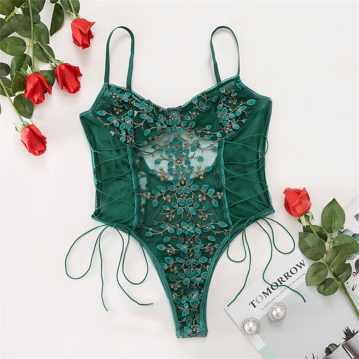 Lilosy Women Sexy Lace Up Floral Embroidered Teddy Lingerie Bodysuit Top Mesh Sheer One Piece