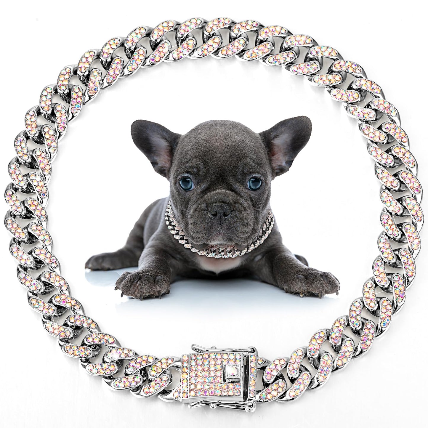 LEIFIDE Pink Crystal Dog Necklace Rose Gold Link Chain Collar for Small, Medium and Large Dogs 8 Inch