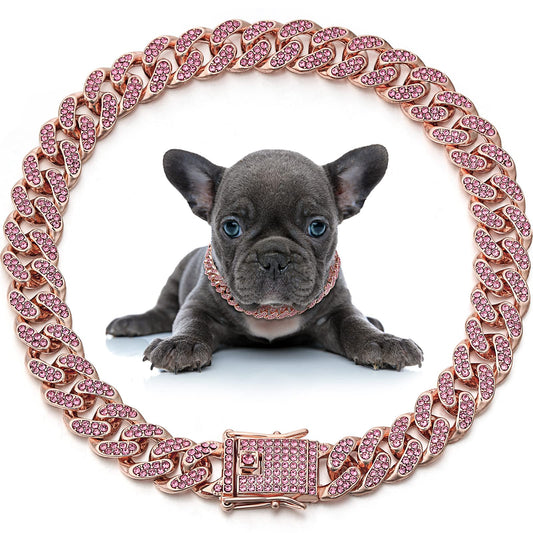LEIFIDE Pink Crystal Dog Necklace Rose Gold Link Chain Collar for Small, Medium and Large Dogs 8 Inch