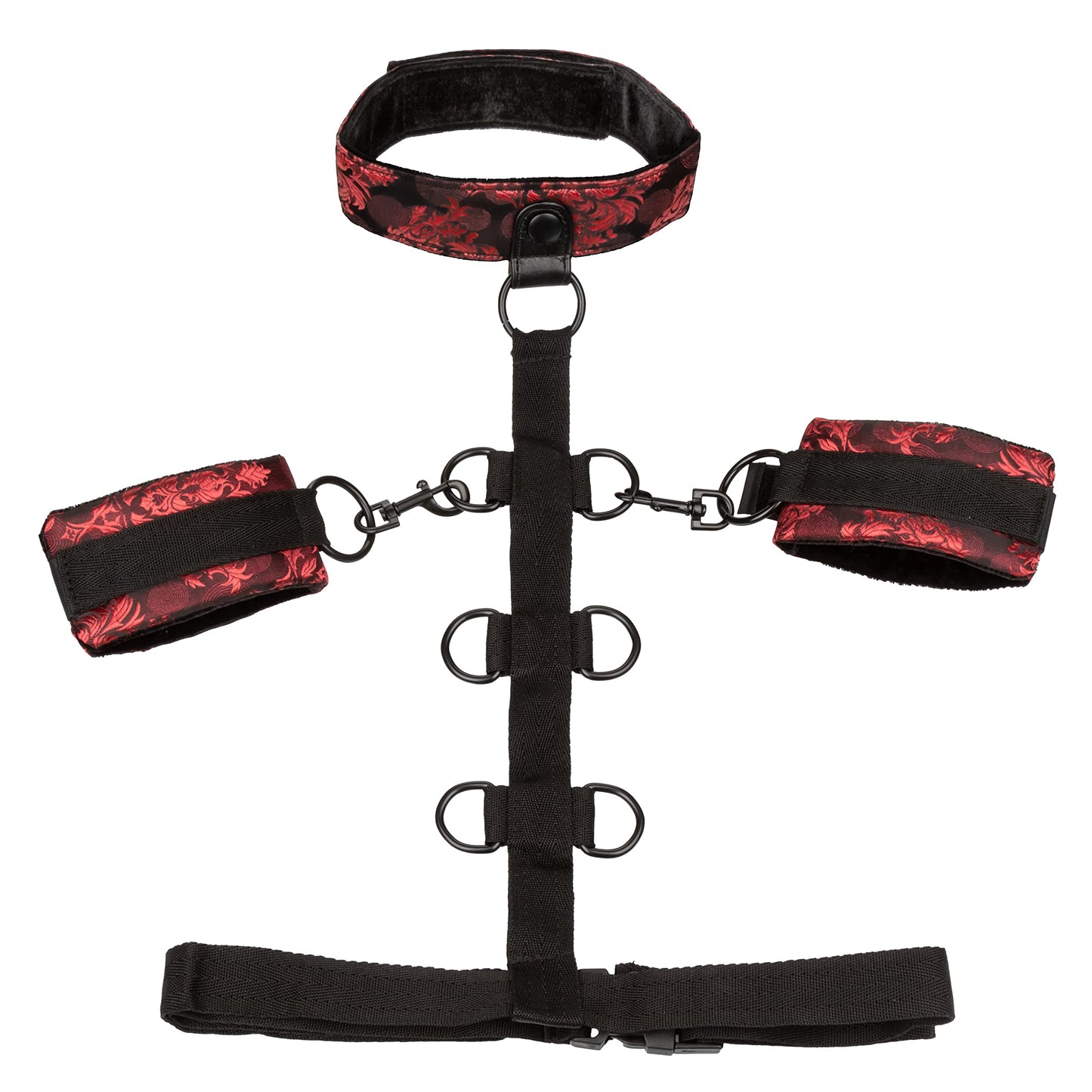 CalExotics Scandal Collar Body Restraint – Luxury Bondage Collar and Handcuff Set – BDSM Toys for Couples – Black & Red