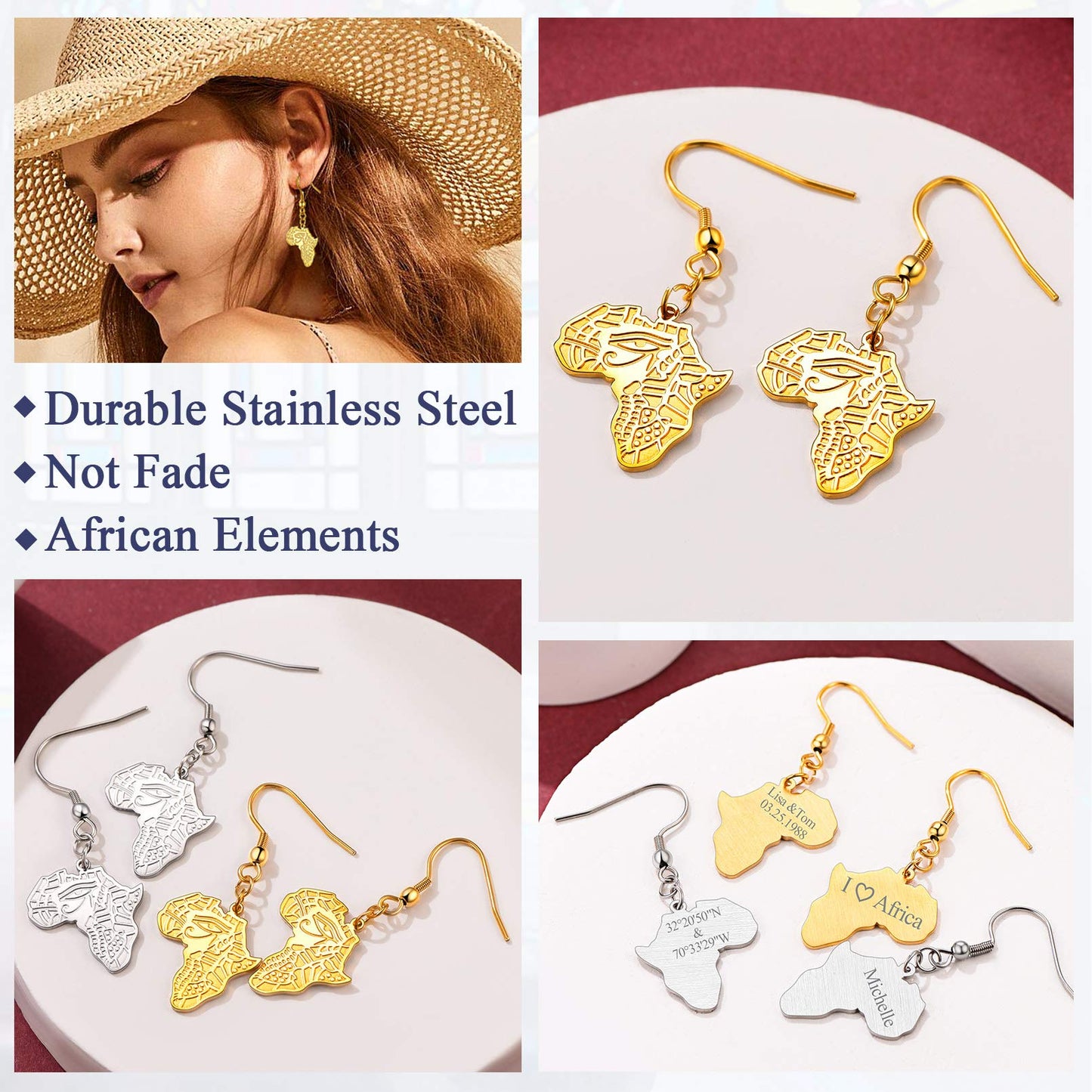 FaithHeart African Map Shaped Drop Earrings Stainless Steel/18K Gold Plated Statement Africa Jewelry Ear Charms for Women Teen Girls