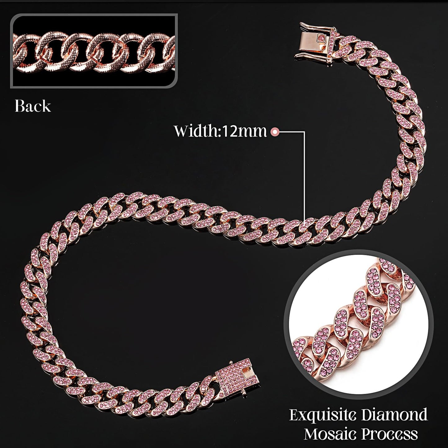 LEIFIDE Pink Crystal Dog Necklace Rose Gold Link Chain Collar for Small, Medium and Large Dogs 8 Inch