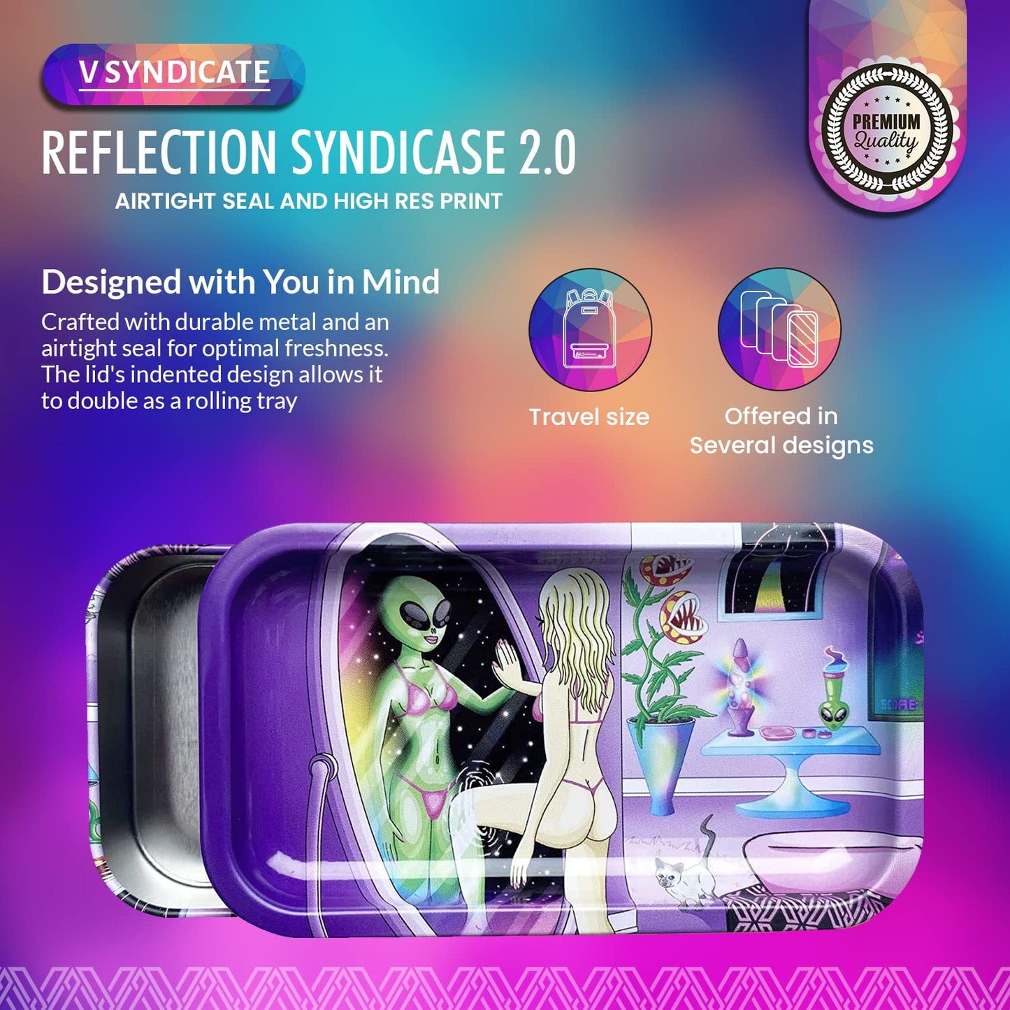 V. Syndicate 5" x 2.8" x 1.5" Mini Metal Storage Box with Lid - Airtight Lid to Avoid Moisture - Flex Your Style with 360 Print of Original Interactive Artwork on All Sides (Syndicase 2.0, Dank Diva)