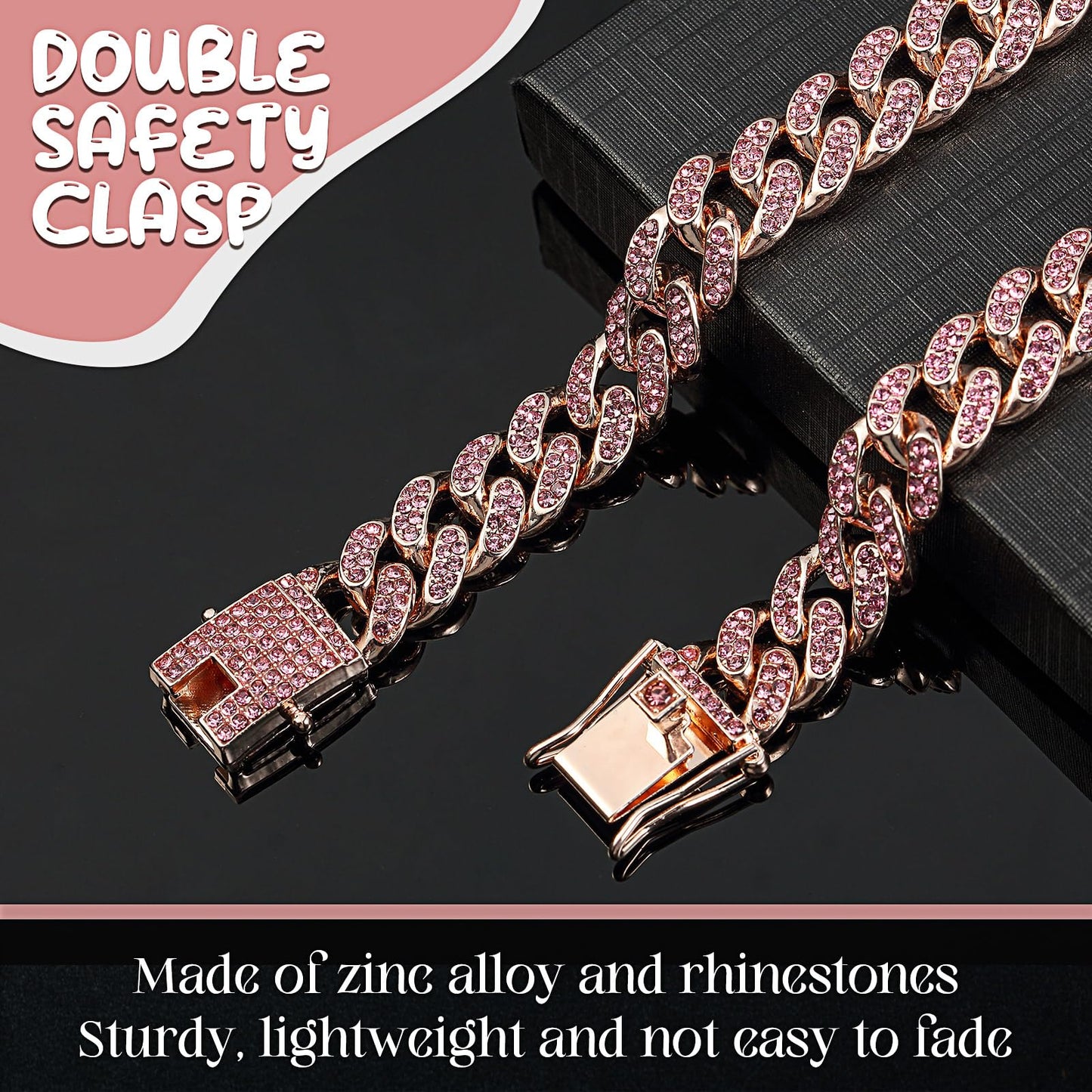 LEIFIDE Pink Crystal Dog Necklace Rose Gold Link Chain Collar for Small, Medium and Large Dogs 8 Inch