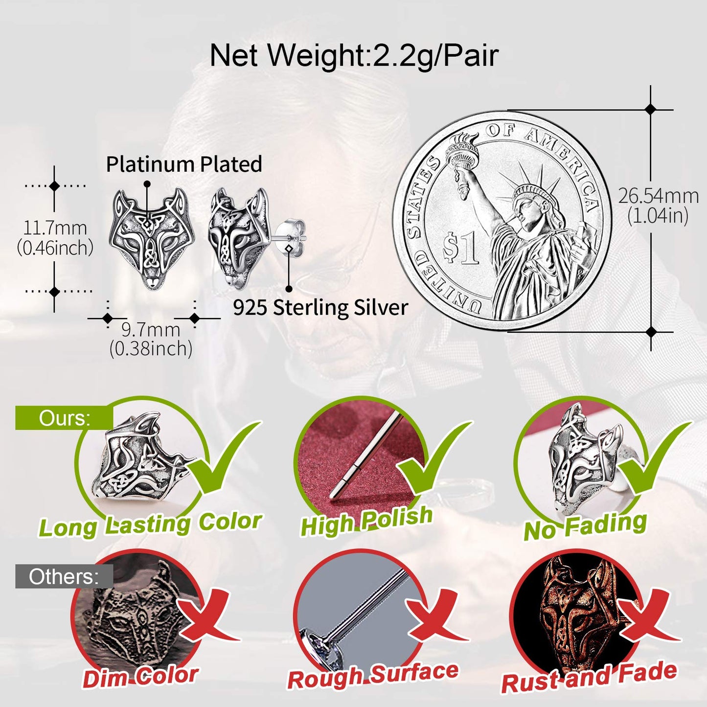 FaithHeart Norse Viking Jewelry Sterling Silver/Stainless Steel Stud Earrings Celtic Wolf/Thors Hammer Studs for Women Men