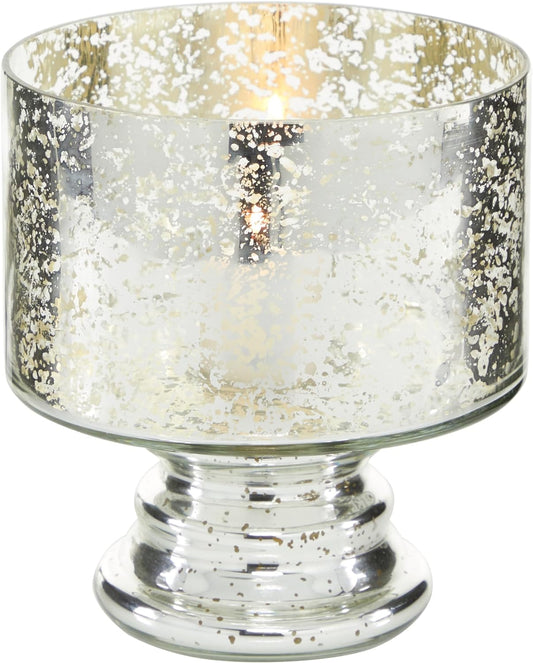 Deco 79 Glass Handmade Turned Style Pillar Hurricane Lamp with Faux Mercury Glass finish, 6" x 6" x 7", Silver