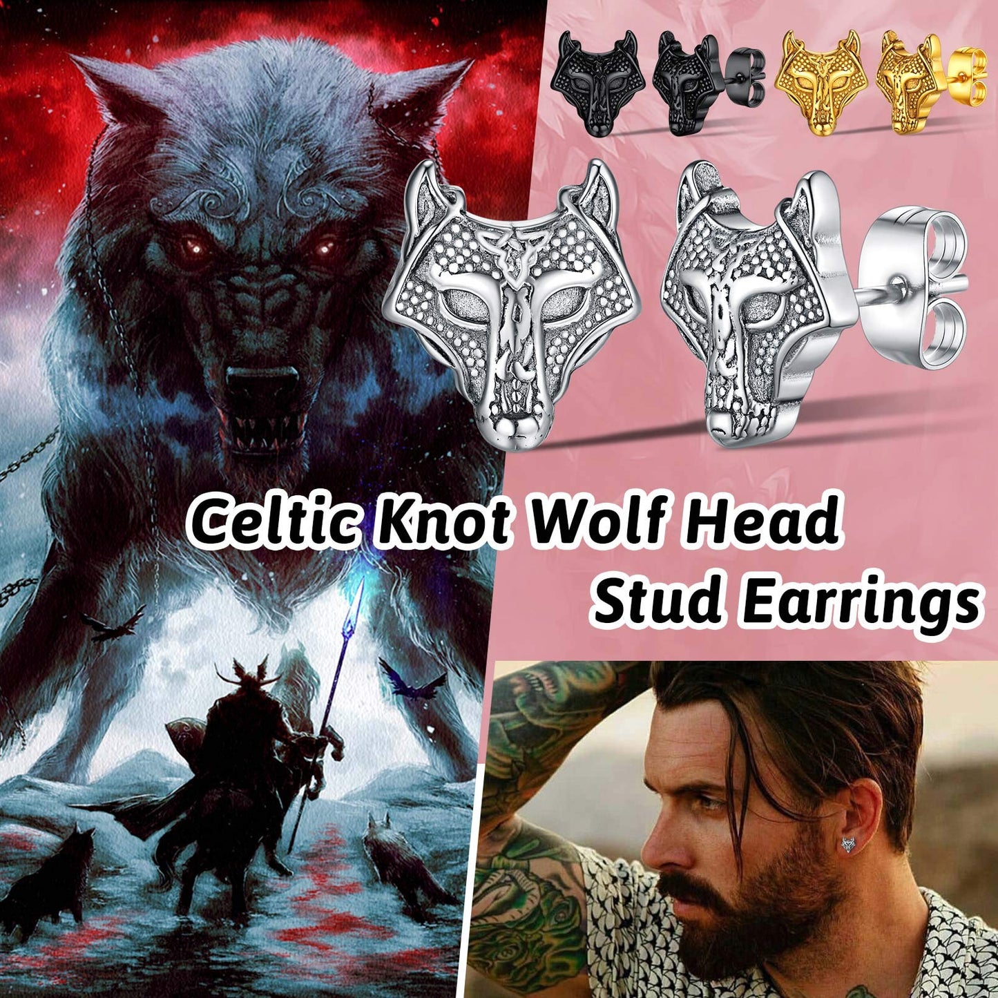 FaithHeart Norse Viking Jewelry Sterling Silver/Stainless Steel Stud Earrings Celtic Wolf/Thors Hammer Studs for Women Men