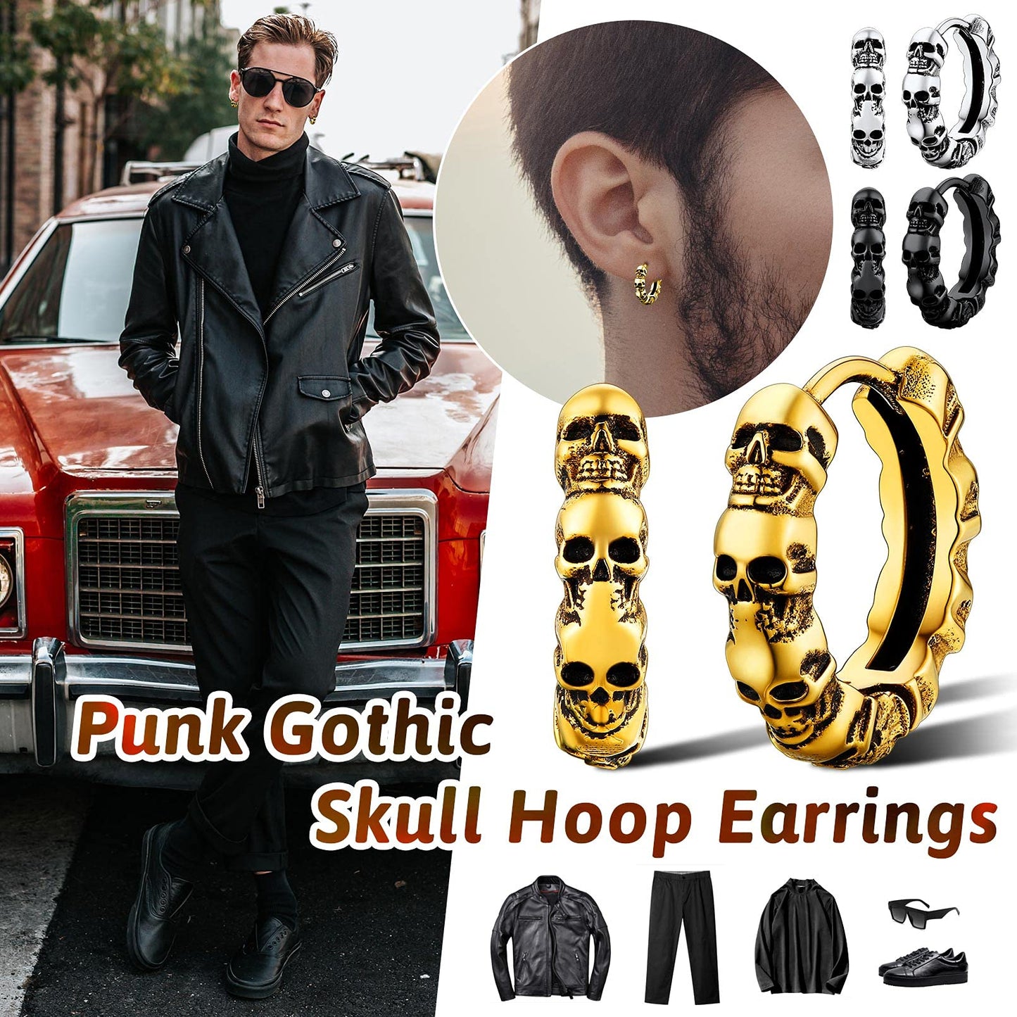 FaithHeart Punk Skull Earrings Stainless Steel/18K Gold Plated Gothic Skeleton Stud/Hoop Earrings for Women Man with Gift Packaging