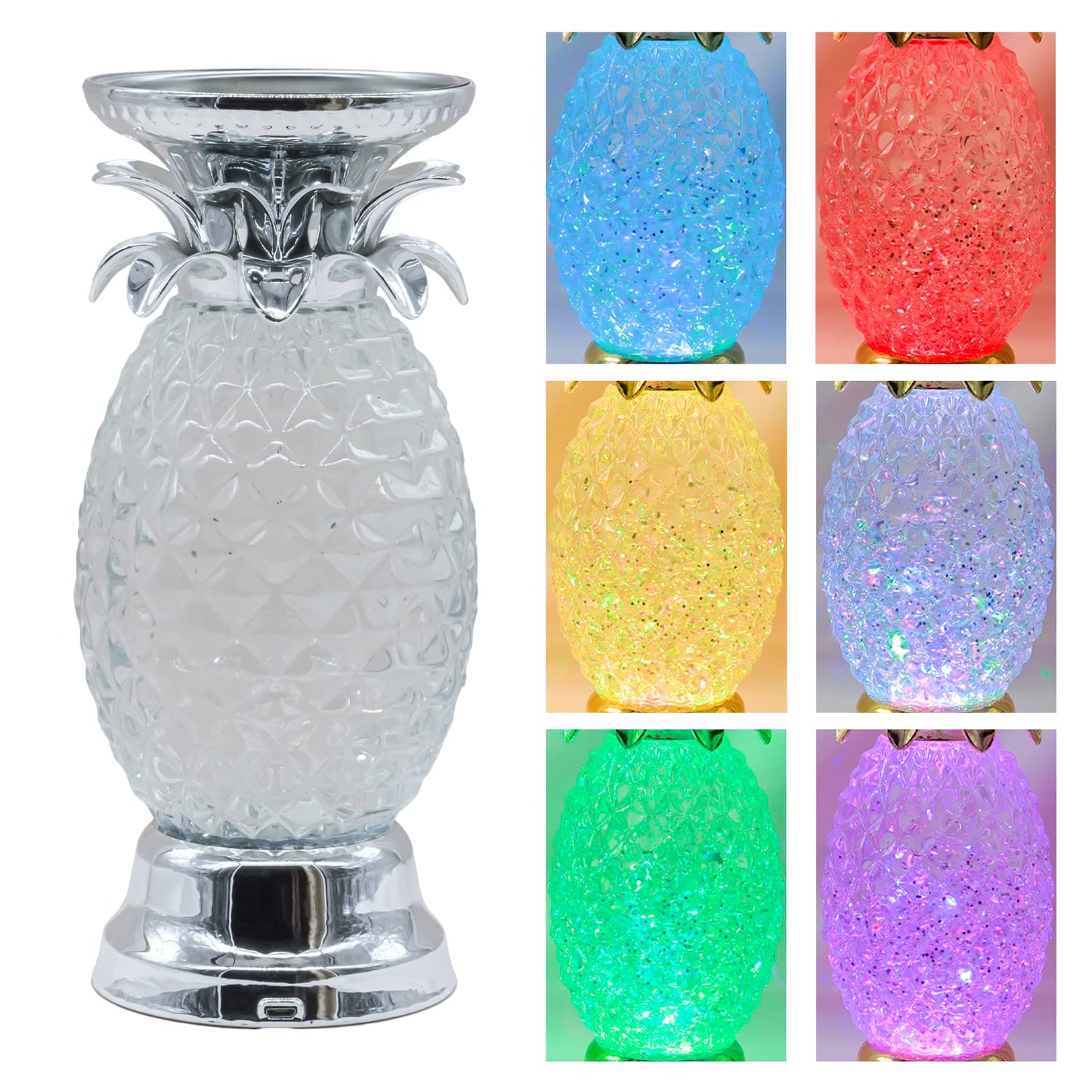 YAKii 9.5" Pineapple LED Color Changing Shine Candle Holder,Swirling Water Waves Lamp Kid Safe Battery/USB Cable Operated,Table Lamp Candle Holder Table Decoration Silver(Pack of 2)