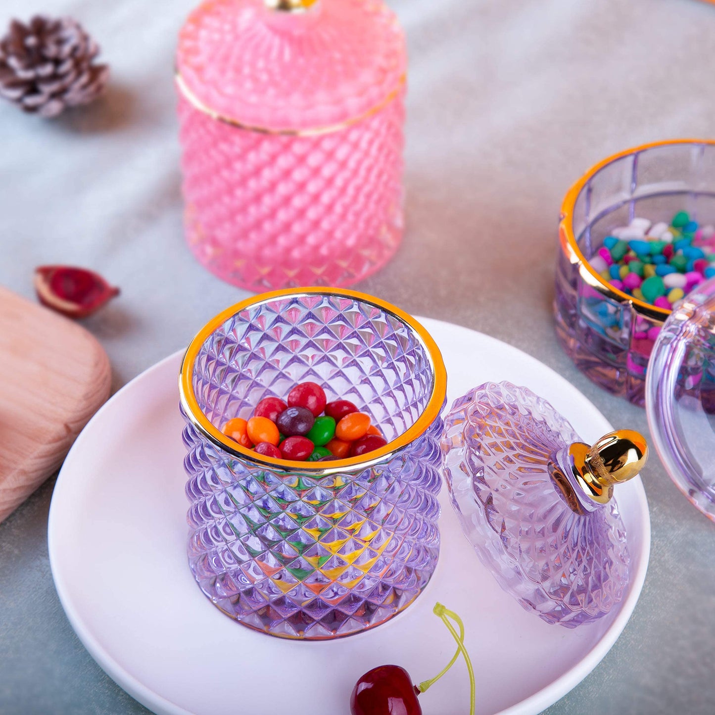 Pink Candy Jar, Glass Candy Dish with Lid, Crystal Apothocary Jars with Lids Glass Jewelry Box with Lids, Cute Glass Jar Gifts for Women