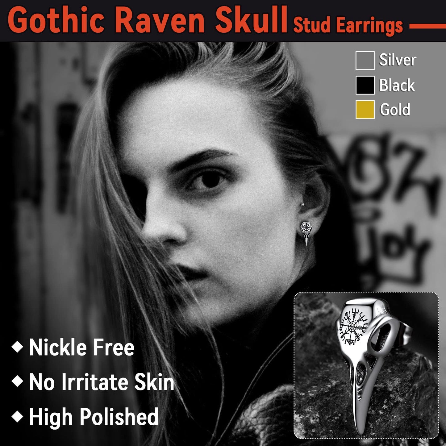 FaithHeart Raven Stud Earrings for Women Men, Stainless Steel Punk Gothic Norse Viking Crow Ear Studs with Delicate Gift Packaging