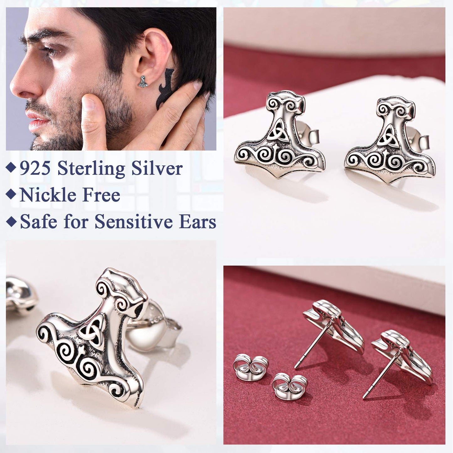 FaithHeart Norse Viking Jewelry Sterling Silver/Stainless Steel Stud Earrings Celtic Wolf/Thors Hammer Studs for Women Men