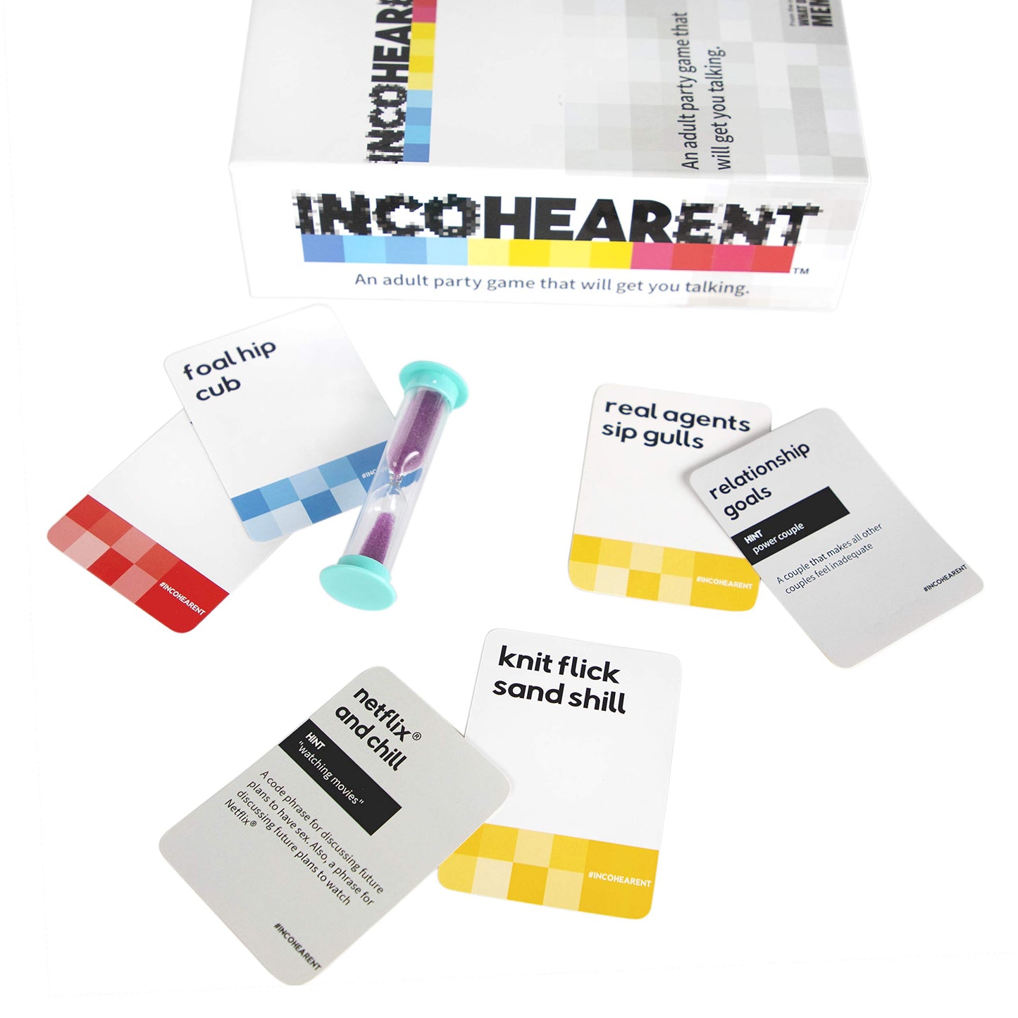 Incohearent, The Guess the Gibberish Party Game by Relatable, A Funny Card Game for Adults, Great for Bachelorette Party Games or Game Night Games, Includes 400 Cards, Instructions, and 1 Sand Timer