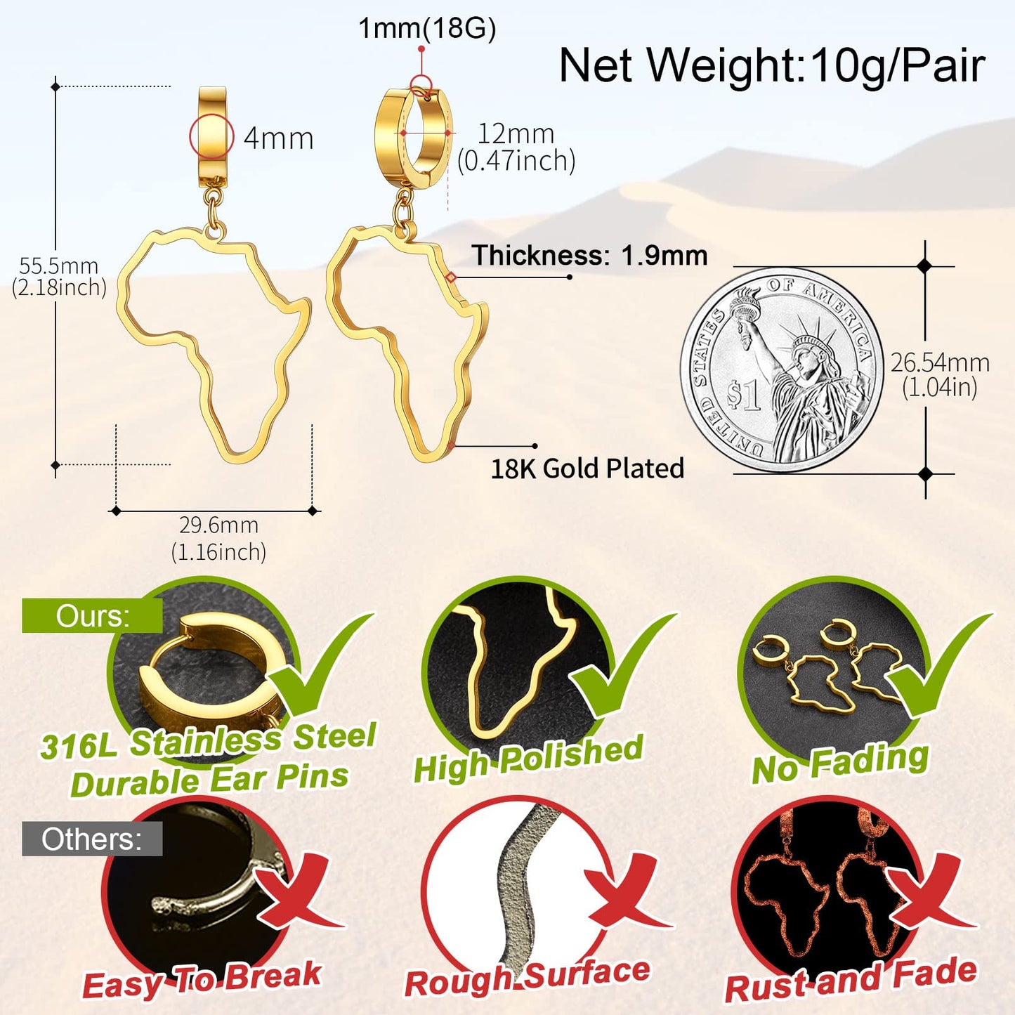 FaithHeart African Map Shaped Drop Earrings Stainless Steel/18K Gold Plated Statement Africa Jewelry Ear Charms for Women Teen Girls