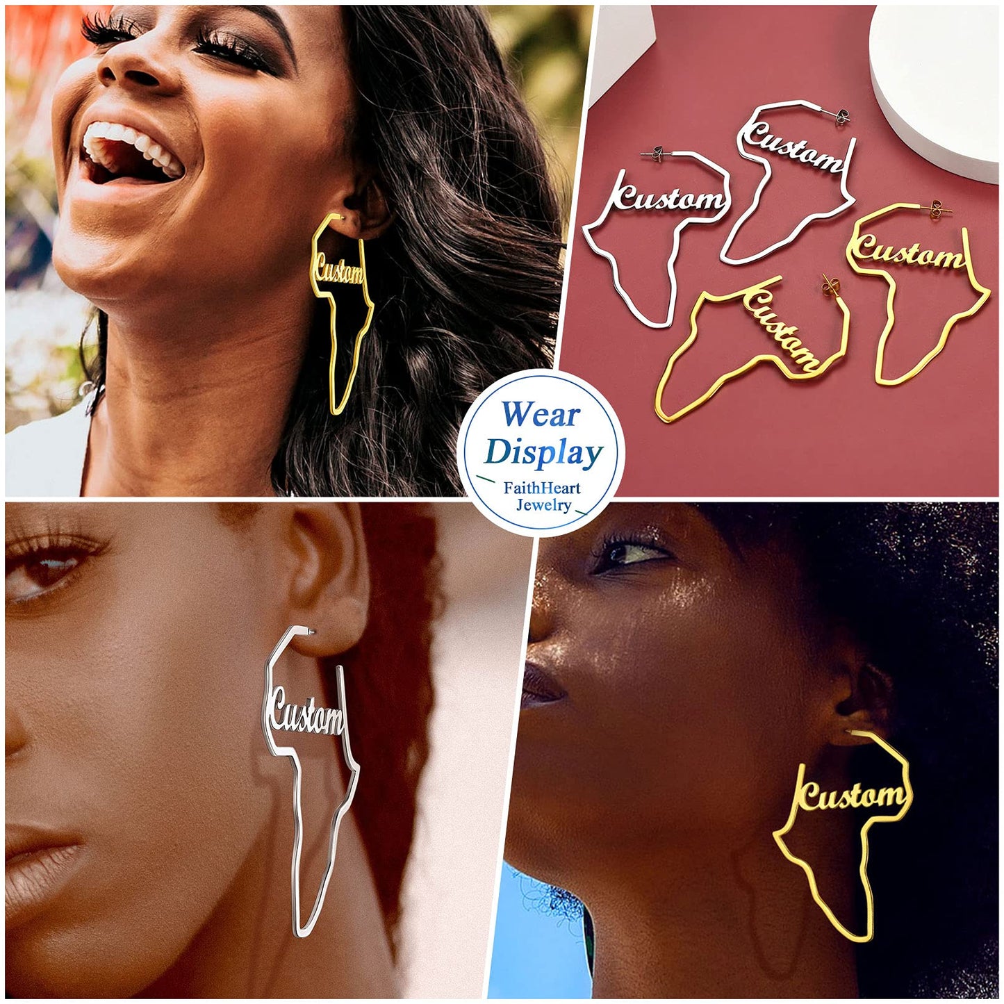 FaithHeart African Map Shaped Drop Earrings Stainless Steel/18K Gold Plated Statement Africa Jewelry Ear Charms for Women Teen Girls