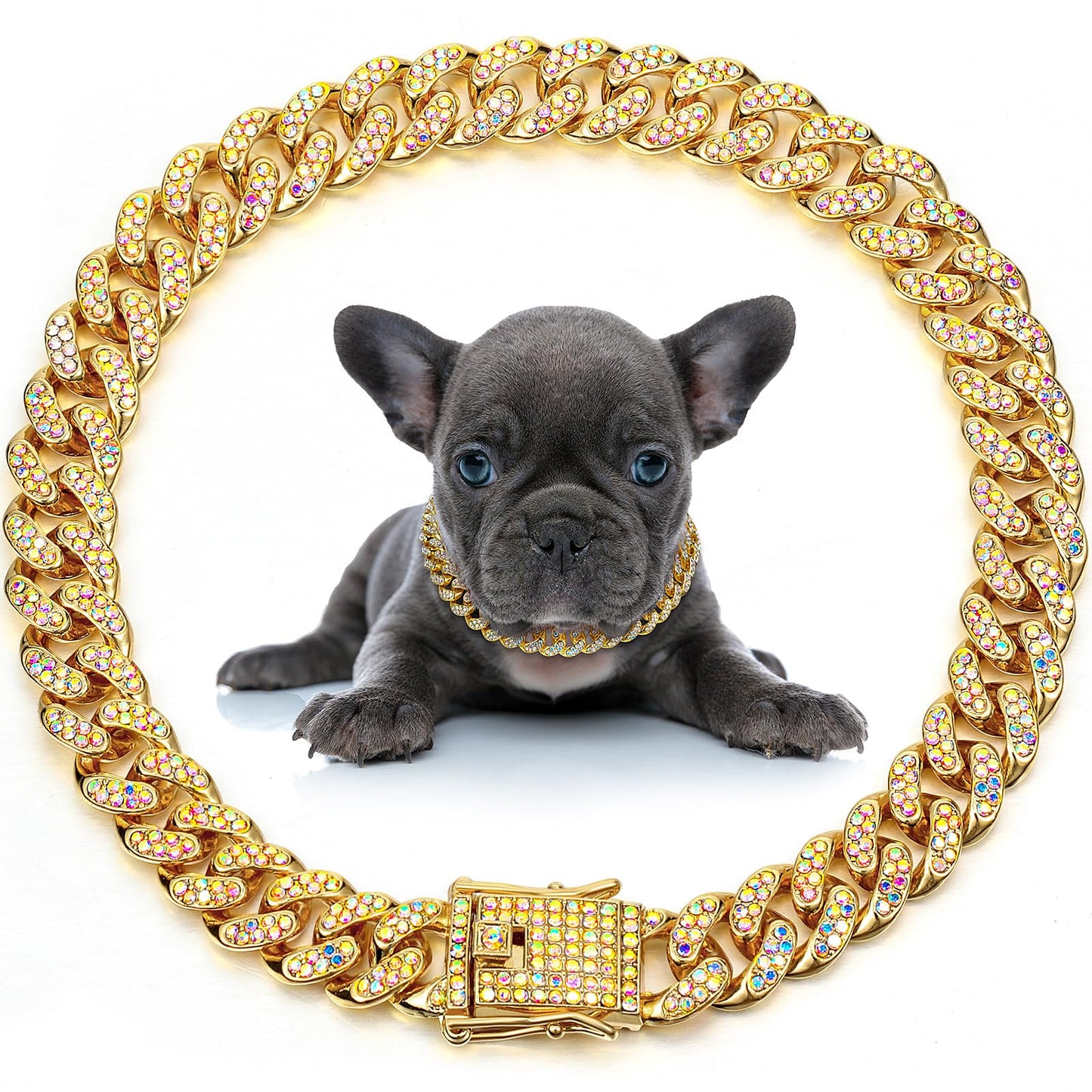 LEIFIDE Pink Crystal Dog Necklace Rose Gold Link Chain Collar for Small, Medium and Large Dogs 8 Inch