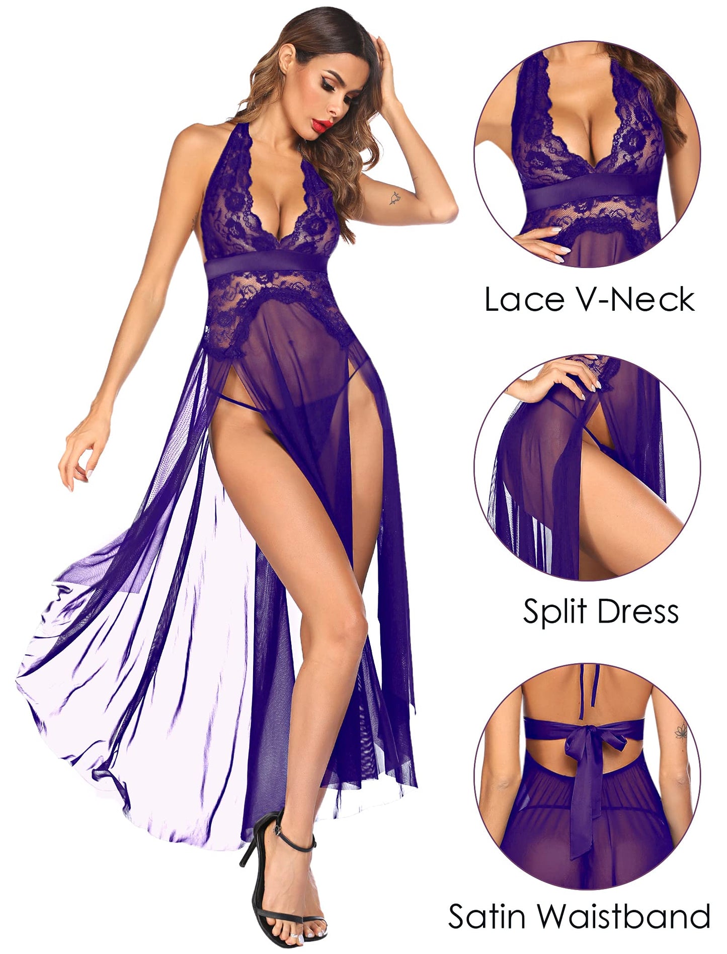 Avidlove Women Lingerie Deep V Neck Nightwear One Piece Sexy Nightgowns Mosaic Lace Mesh Dress